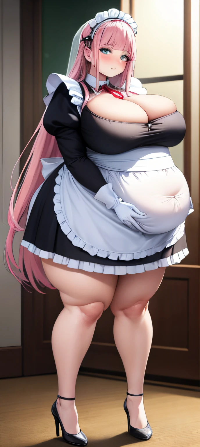 realistic, 1girl, pink hair, very long hair, wear bride veil, straight hair, blunt bangs, (beautiful eyes), blush, ((((white maid dress, fully clothed)))), ((big breast)), maid headband, white hand gloves, high heels, ribbon, night, indoor, staring at viewer, lipstick, closed mouth, bare foot, sfw, very big breast, [big belly], covered belly, thicc girl, standing, fat girl, obese girl, smile