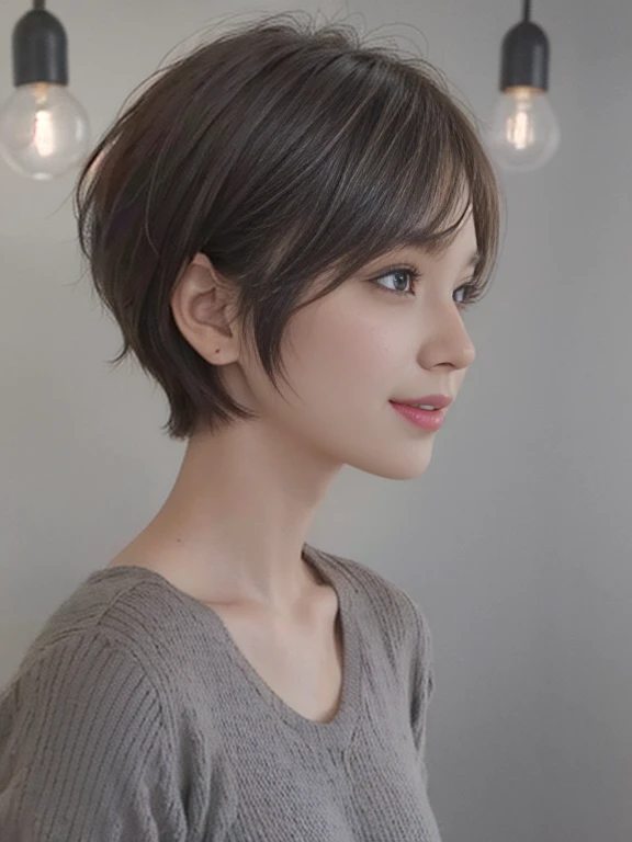 1girl, realistic skin, (short hair: 1.1), very short hair, (photorealistic: 1.1), beautiful woman, unexposed clothes, beauty salon, gray background with light bulb, profile, smile