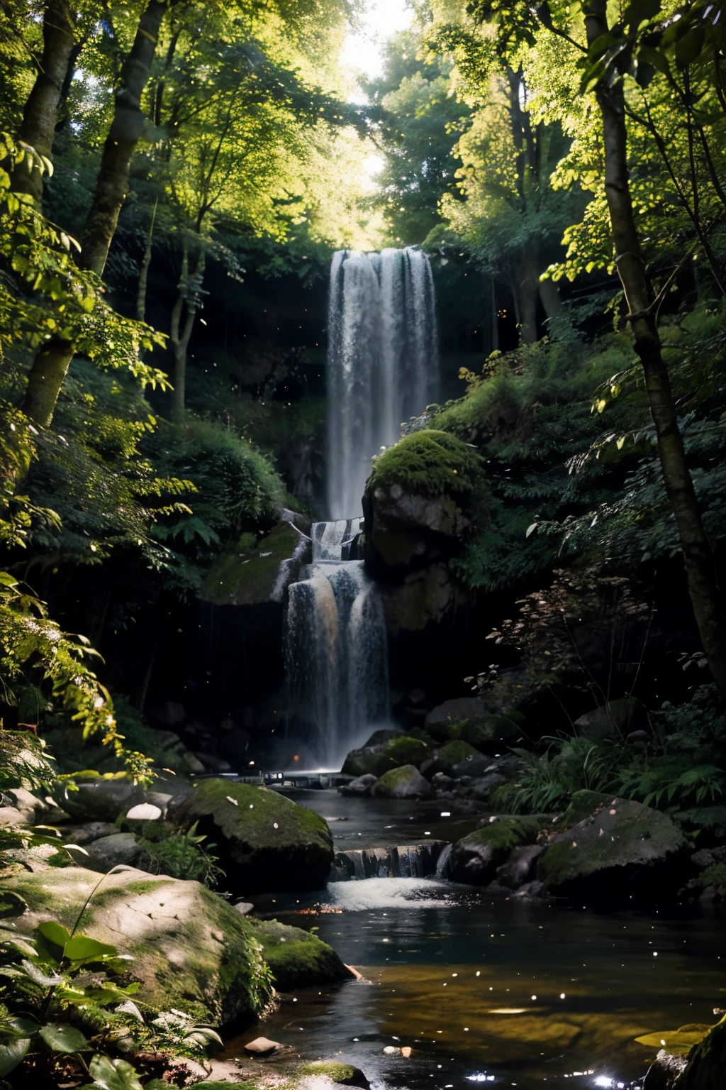 image de nuit Au fond d'une forêt, vous trouverez une cascade féerique par une journée ensoleillée., auteur de la cascade un jardin verdoyant illuminé par les lucioles