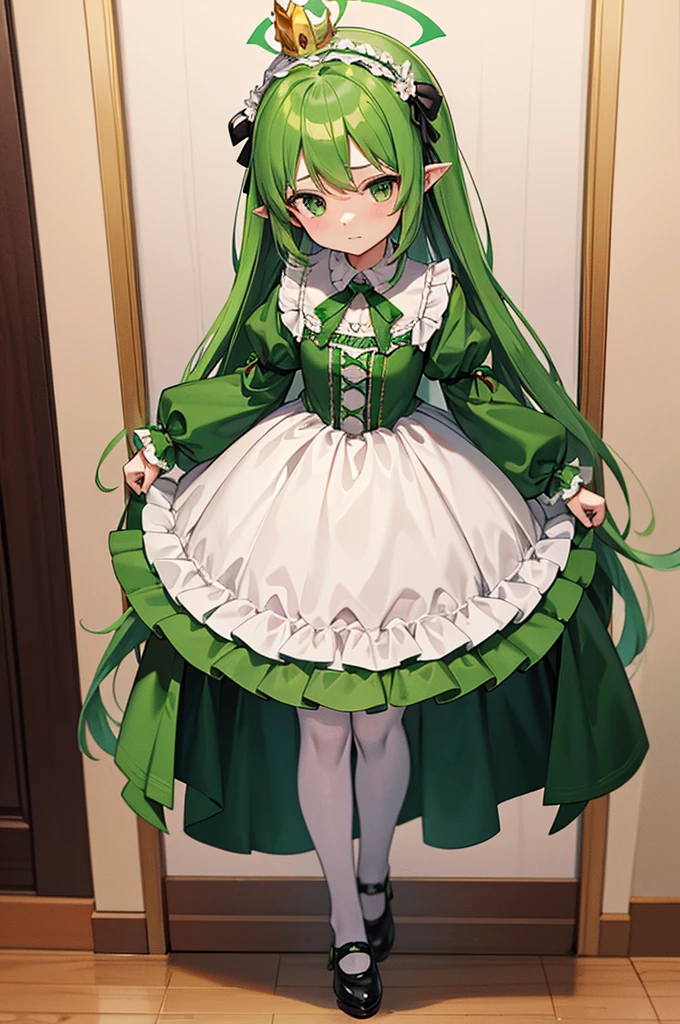 Idade８Year Old Lolita　１0０centimeter short stature　Ears are pointed and slightly long　Emerald green hair　leaf clothes　Laurel crown　Full body standing picture