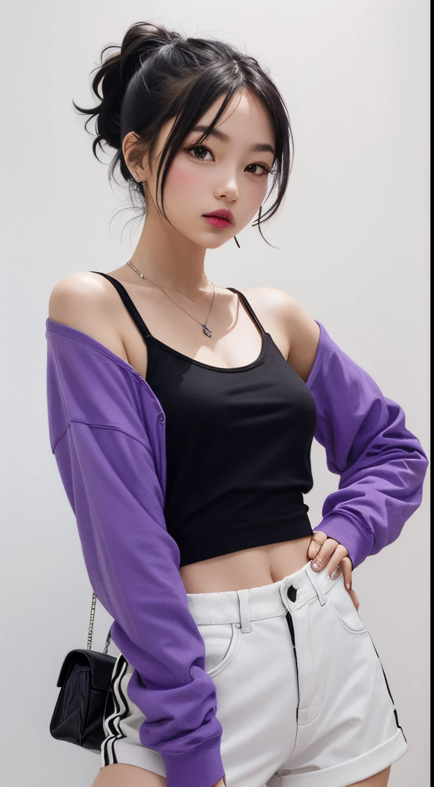 (Small underboob,Tomboyish,small heads)), (perfect bodies: 1.1), (shoulder length straight short hair: 1.2),attractive collarbone，（极其细致的CG 8k壁纸），（Extremely refined and beautiful），（tmasterpiece），（best qualtiy：1.0），（超高分辨率：1.0）,upper body，[A high resolution]，cheerfulness，smile，Smooth and flawless fair skin，ultra - detailed ，Elongated legs，（Small :1.1),Flat chest,underboob,Slim，emaciated，(transparent Black hooded hoodies with hood down:1.5),(light purple Yoga Tank Top:1.5),shoulder off,collarbone,navel,Well-cut abdominal muscles,(black pantyho4),At home，in bedroom，pink background,Close shot,morning sunlight,(Sitting on the edge of a purple bed:1.4),(open mouth:1.2) ,(female orgasmic:1.3h:1.3)，(head up:1.2),from front,cowboy shot,(sweat:1.6),(Portrait above chest level:1.3)