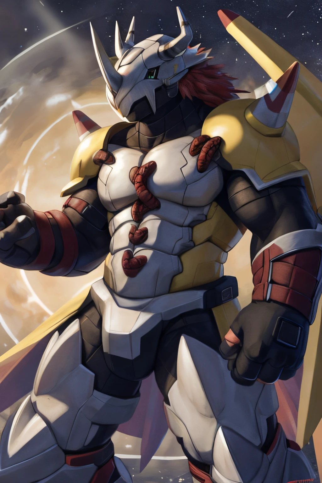 Obras maestras,Arte Oficial,Anthro,masculino,(Wargreymon:1.2),cara delicada,ojos delicados,casco, armadura, cuerno, Digimon, Parte superior del cuerpo, Profundidad de campo, ojos verdes,Perfect lighting, light particles,(La mejor calidad),(Obra maestra),(Ultra detalla...