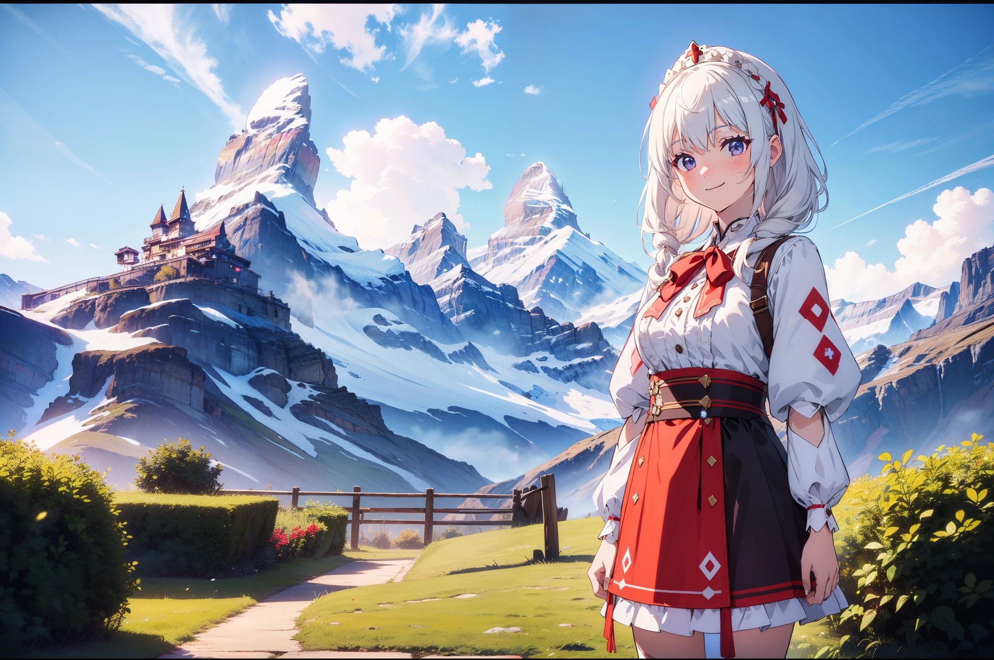 1 cute girl , (Swiss traditional costume),  standing, (Matterhorn in the distance ) ,cowboy shot, character focus, smile, cinematic lighting, high resolution,(incredibly absurdres) ,extremely detailed CG unity 8k wallpaper, ((masterpiece)), ((top-quality)), (beautiful illustration), ((an extremely delicate and beautiful))