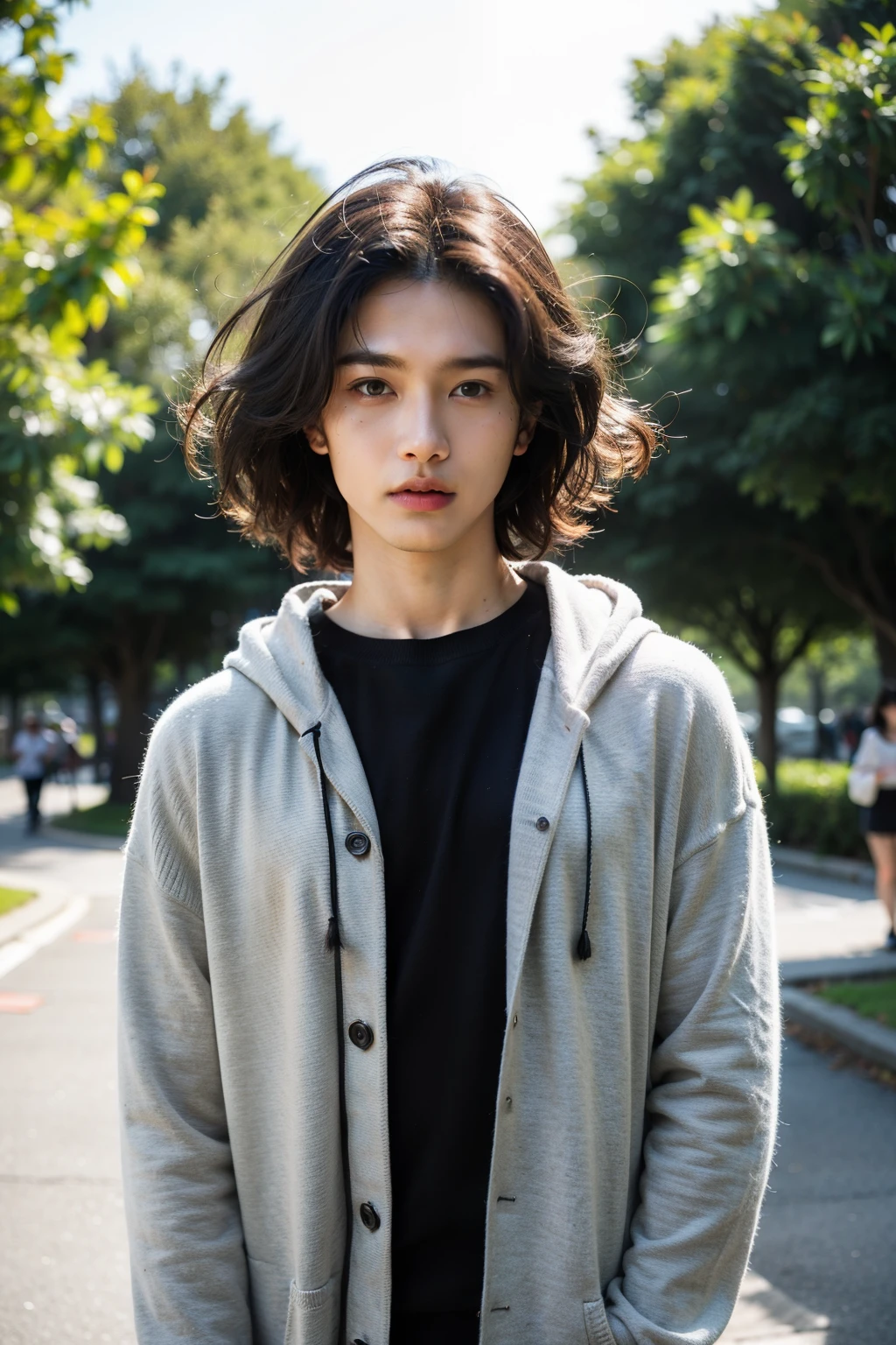 ((Best quality at best)), ((tmasterpiece)), (Detailed pubic hair), s the perfect face，An 18-year-old boy, handsome, with delicate facial features, has a good look in his eyes. His hair is short and curly, and his skin is fair. He is wearing a black hooded sweater, standing in the park, atmospheric, Asian, juvenile, with high resolution, natural light and upper body.
