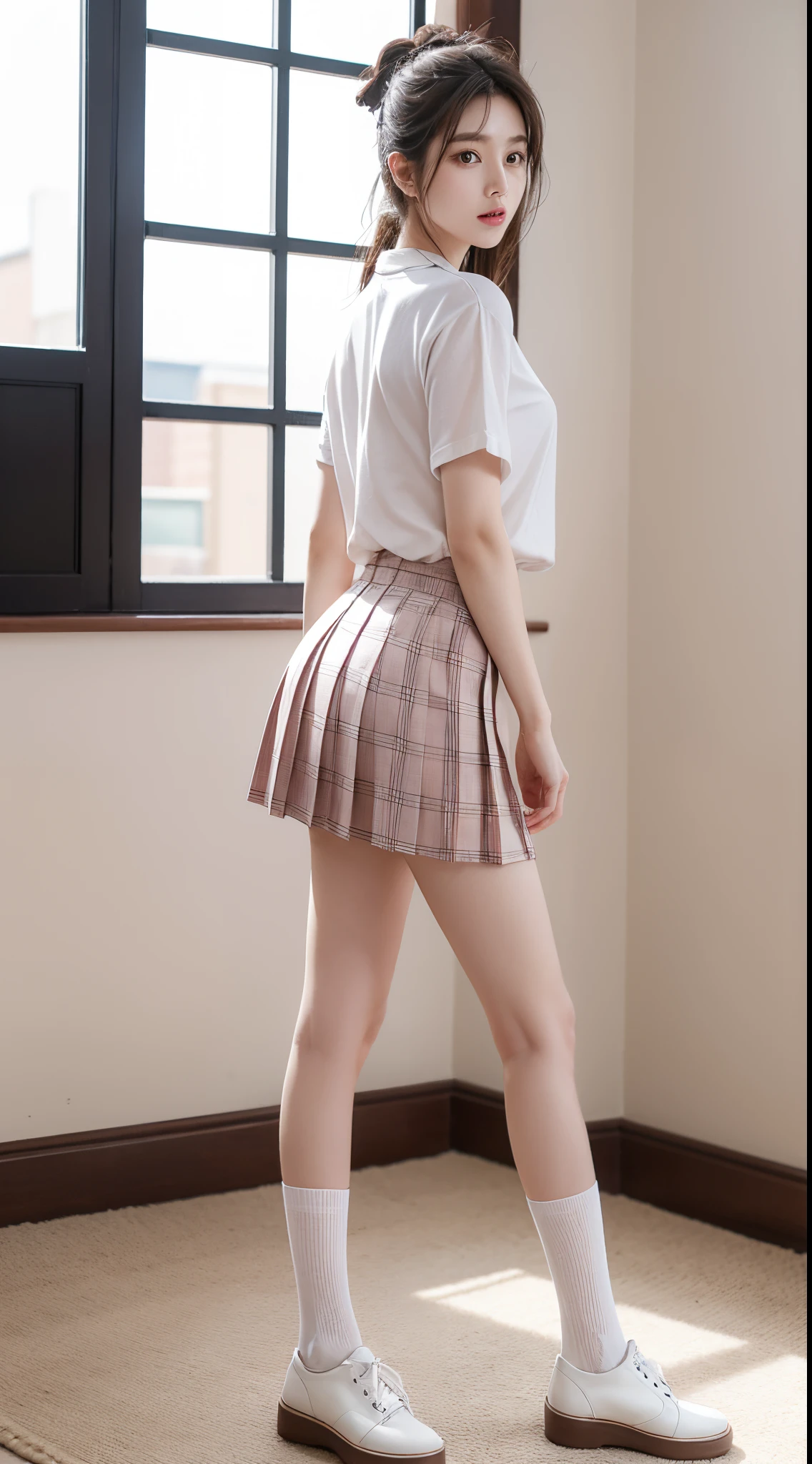 masutepiece, Best Quality, Illustration, Ultra-detailed, finely detail, hight resolution, 8K Wallpaper, Beautiful detailed eyes, (school uniform), Polo shirt ,Plaid skirt ,(Flirtingly lifting her skirt to show her panties:1.3), Straight hair,Small breasts natural color lip,Smile、20 years girl、Cute Perfect and beautiful face, bed, (from bottom:1.3)