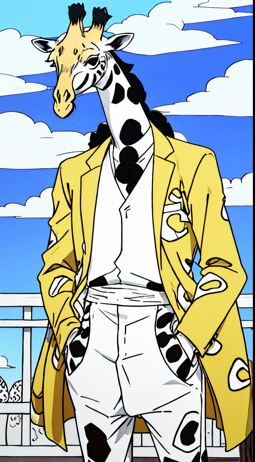Garoto com jaqueta, jaqueta girafa, giraffe pattern on clothes, jaqueta girafa, girafa andando, homem com cartola e roupa girafa
