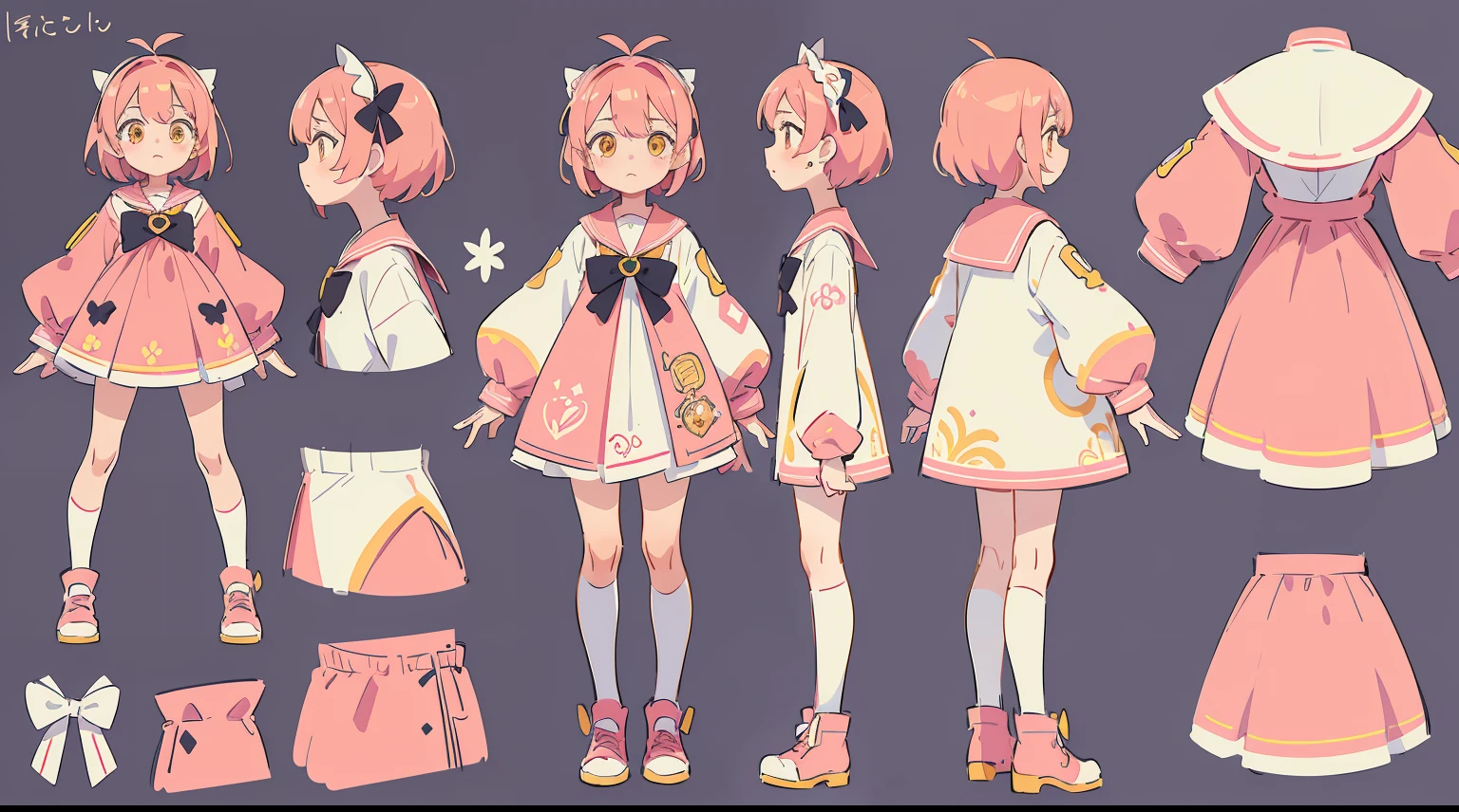 Character reference sheet, 1 girl, 10years old, ((Azure fantasy characters)),  The whole body is intact, character design sheet, ((1 Front perspective view, Only 1 front view and 1 rear view)) Yellow and white theme clothing design, Symmetrical elements in clothing, Clothing simulation detection similar to CLO, marvelous designer, 8K分辨率, Ultra HD image output，punk clothing，Pink sailor suit，pink short hair，yellow-eyed，Big white bow on head，teens girl