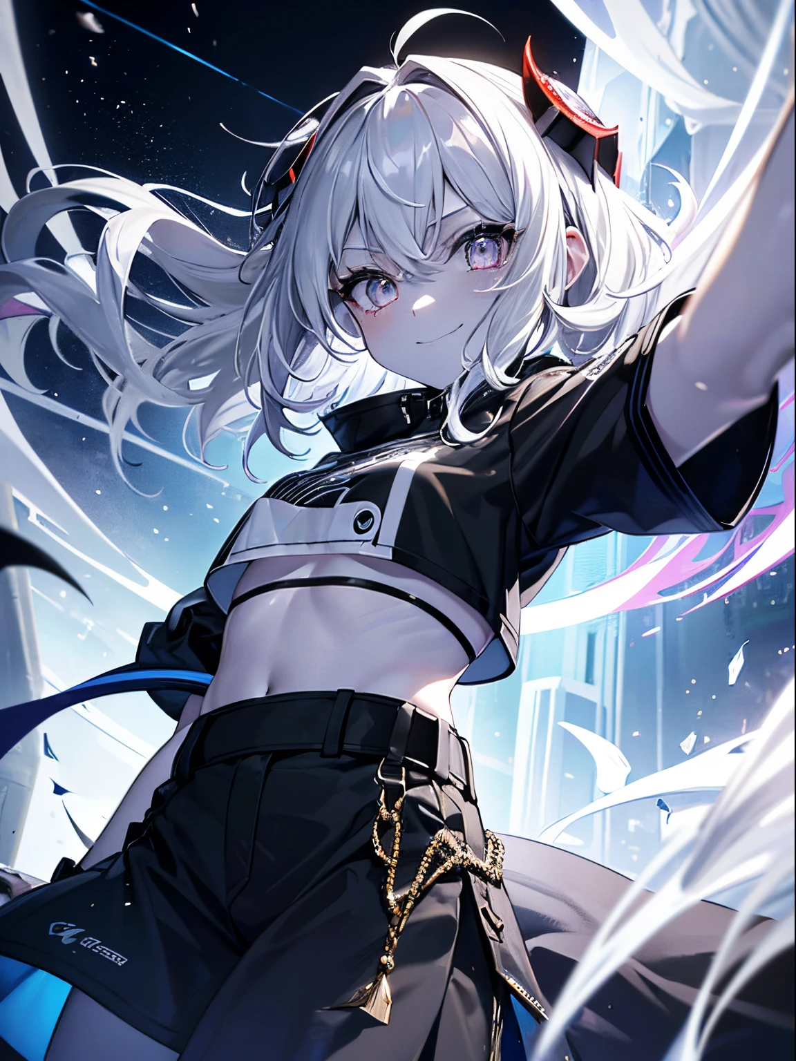 (tmasterpiece,Best quality at best,ultra - detailed),1个Giant Breast Girl,pervert smirk, glowing light eyes,white colors、Silvertone、gray hair and black hair,curlies,(messy hair style),oni's corner,Crop top, jaket,(colored skin,Blue-gray skin), beautiful and detail face, 詳細な目,((small)),smallunderboob,