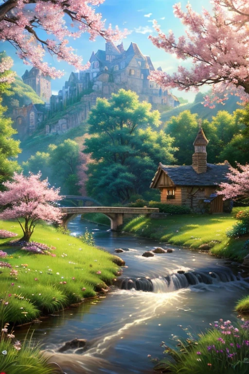Drawing a river in a small village, anime beautiful peace scene, Very beautiful scenery, landscape artwork, More on landscape art, Very beautiful digital art, beauty of natural landscape, beautiful art uhd 4 k, very beautiful photo, Beautiful nature, landscape wallpaper, Truly beautiful nature, beautiful digital works of art, Beautiful background, The cherry tree, Anime style