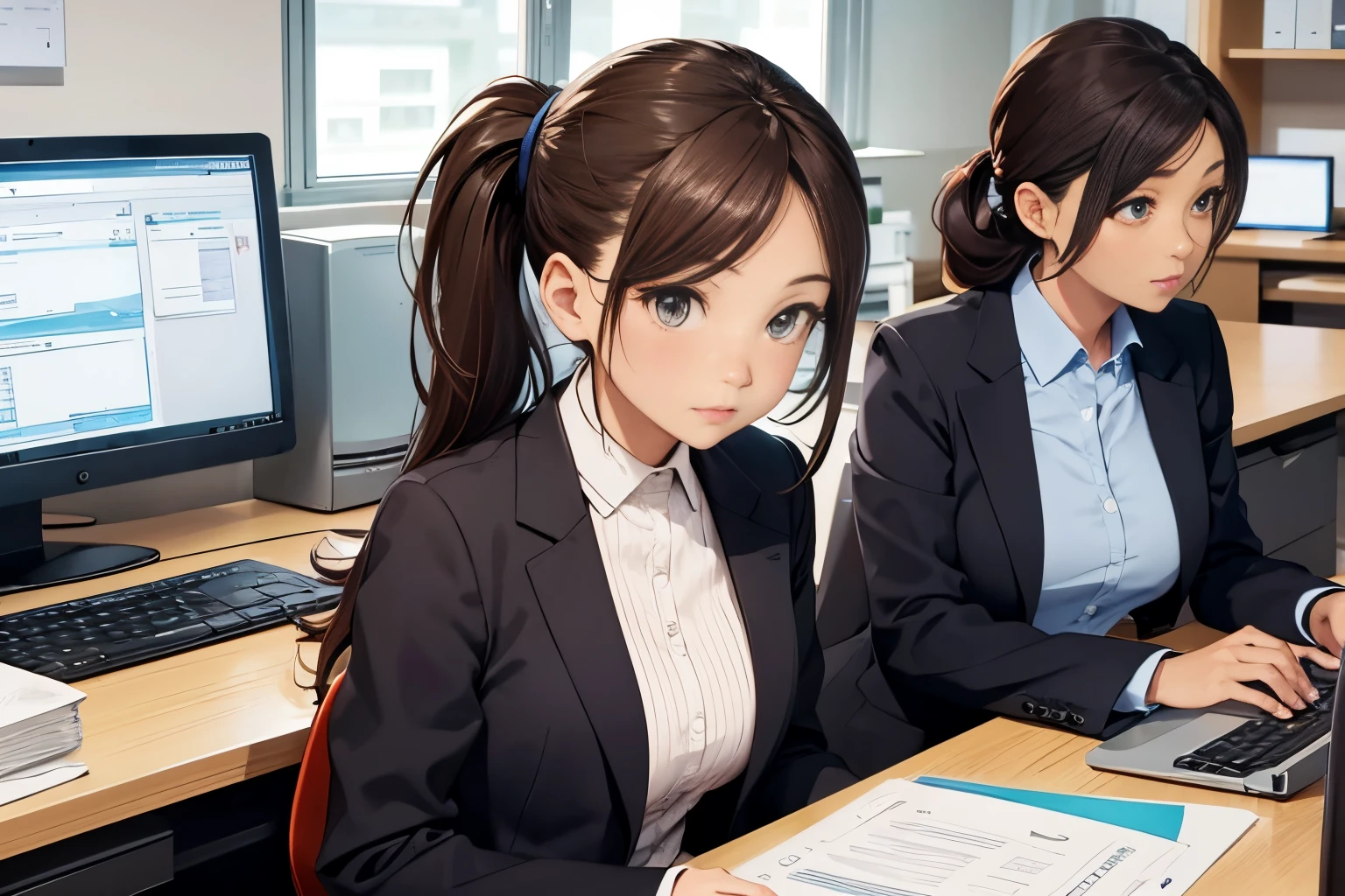 Office lady working on a computer at her office desk、1girl in,  serious cover、Brown hair、poneyTail