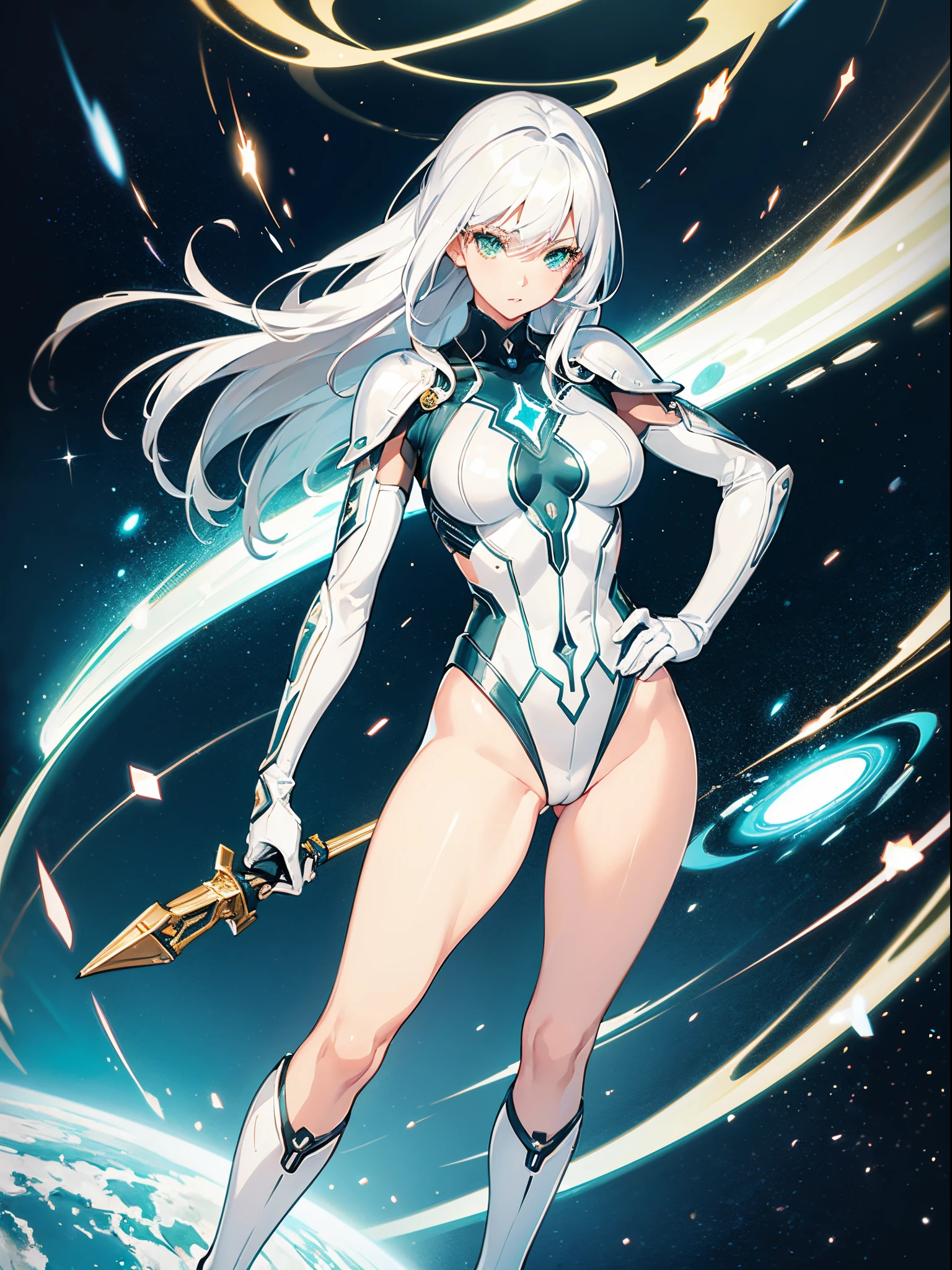 1girl, beautiful detailed eyes, superhero, mature woman, white hair, green eyes, beautiful detailed eyes, leotard, bare legs, boots, gloves, atoms, glowing body, light surrounding her body, light particles, space backdrop, standing, hand on hip, perfect anatomy, cowboy shot, full body shot, superpower.