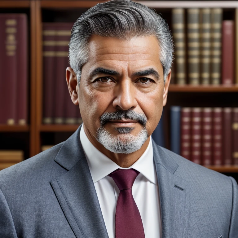 (best quality,4k,highres),portrait,man,Latino president,aged 59,short gray hair,trimmed beard,posing confidently in classic office,dark blue suit,burgundy tie,serious expression,natural lighting,authentic vintage look,vivid colors,highly realistic details,ultra-detailed face features,fine wrinkles and lines on face,deep-set eyes,thick eyebrows,slightly smiling lips,clean background,photorealistic rendering,sharp focus,professional photography