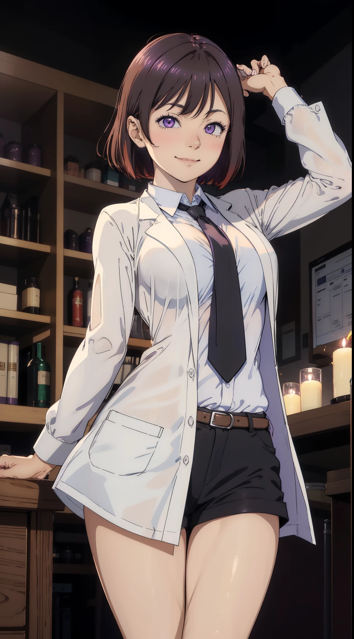 Nishikino maki, Purple eyes,  big breasts, bangs,white shirt, short black shorts, dark brown pantyhose, necktie, opened lab coat, slightly smile, standing, dark room lightened by candlelight