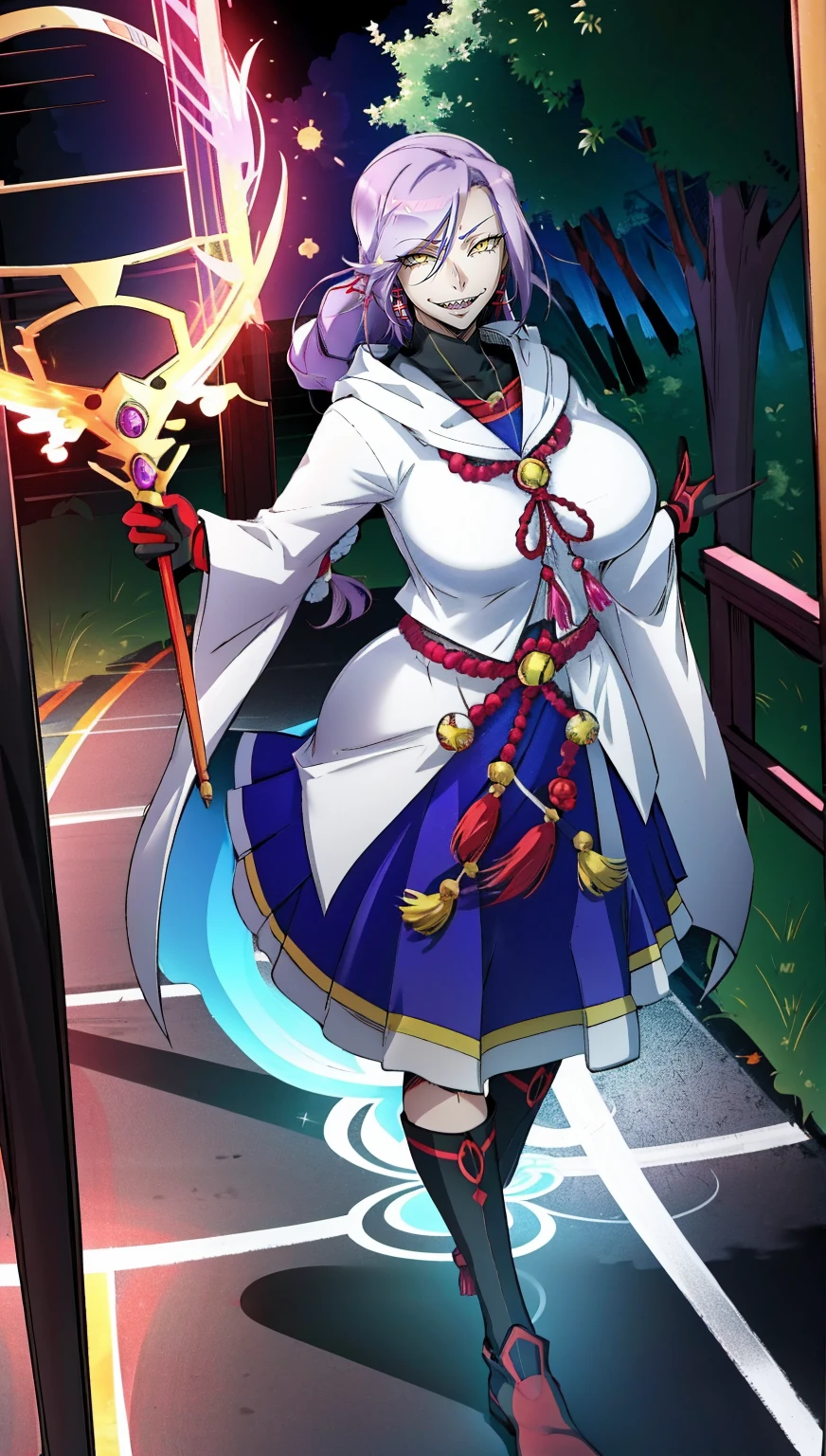 1girl, solo, looking at viewer, cowboy shot, hand arms full body,boots, standing,cute,breast, curvy, female,fantasy goddess,there is a cartoon picture of a woman with a very large breast, glowing divine being, glowing holy aura, inspired by Luma Rouge, the non-binary deity of spring, ethereal rainbow nimbus, the butterfly goddess of fire, inspired by Mariel, glowing aura around her, astral wind, as the goddess of the saturn, “uwu the prismatic person, big breast, serious, beautiful eyes, , full body, walking, long robe, long dress, ,priestess ,holy, smile, god rays, ray tracing, sparkle, cinematic lighting, UHD, retina, masterpiece, ccurate, anatomically correct, textured skin, super detail, high details, high quality, award winning, best quality, highres, 1080P, HD, 4K, thunder aura, light aura,full, snak staff,closed mouth,#anime #character #re:creators #magane chikujoin Trigger Words: chikujoin magane sharp teeth single braid serafuku thighhighs gloves earrings Version No.:, long skirt, sharpteeth smile, open mouth, priestess, tunic,, forest ruins background