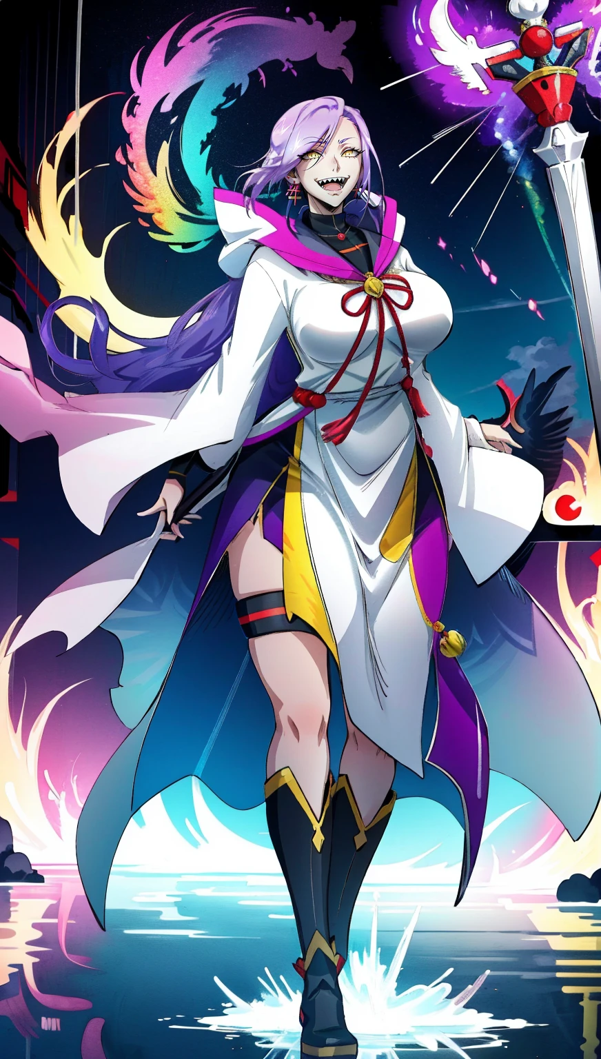 1girl, solo, looking at viewer, cowboy shot, hand arms full body,boots, standing,cute,breast, curvy, female,fantasy goddess,there is a cartoon picture of a woman with a very large breast, glowing divine being, glowing holy aura, inspired by Luma Rouge, the non-binary deity of spring, ethereal rainbow nimbus, the butterfly goddess of fire, inspired by Mariel, glowing aura around her, astral wind, as the goddess of the saturn, “uwu the prismatic person, big breast, serious, beautiful eyes, , full body, walking, long robe, long dress, ,priestess ,holy, smile, god rays, ray tracing, sparkle, cinematic lighting, UHD, retina, masterpiece, ccurate, anatomically correct, textured skin, super detail, high details, high quality, award winning, best quality, highres, 1080P, HD, 4K, thunder aura, light aura,full, snak staff,closed mouth,#anime #character #re:creators #magane chikujoin Trigger Words: chikujoin magane sharp teeth single braid serafuku thighhighs gloves earrings Version No.:, long skirt, sharpteeth smile, open mouth, priestess, tunic,, forest ruins background