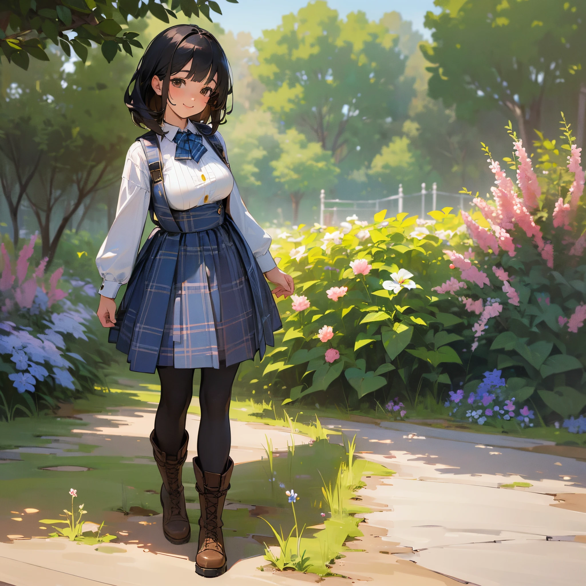 (High quality, High resolution, Ultra-detailed, Realistic:1.37), peaceful ambiance, (plein air, garden), girl standing alone, (My breasts are big.), Beautiful detailed features, Cute smile, (Black bob hair), Rib Sweater, blue plaid skirt, Black tights, Brown boots.