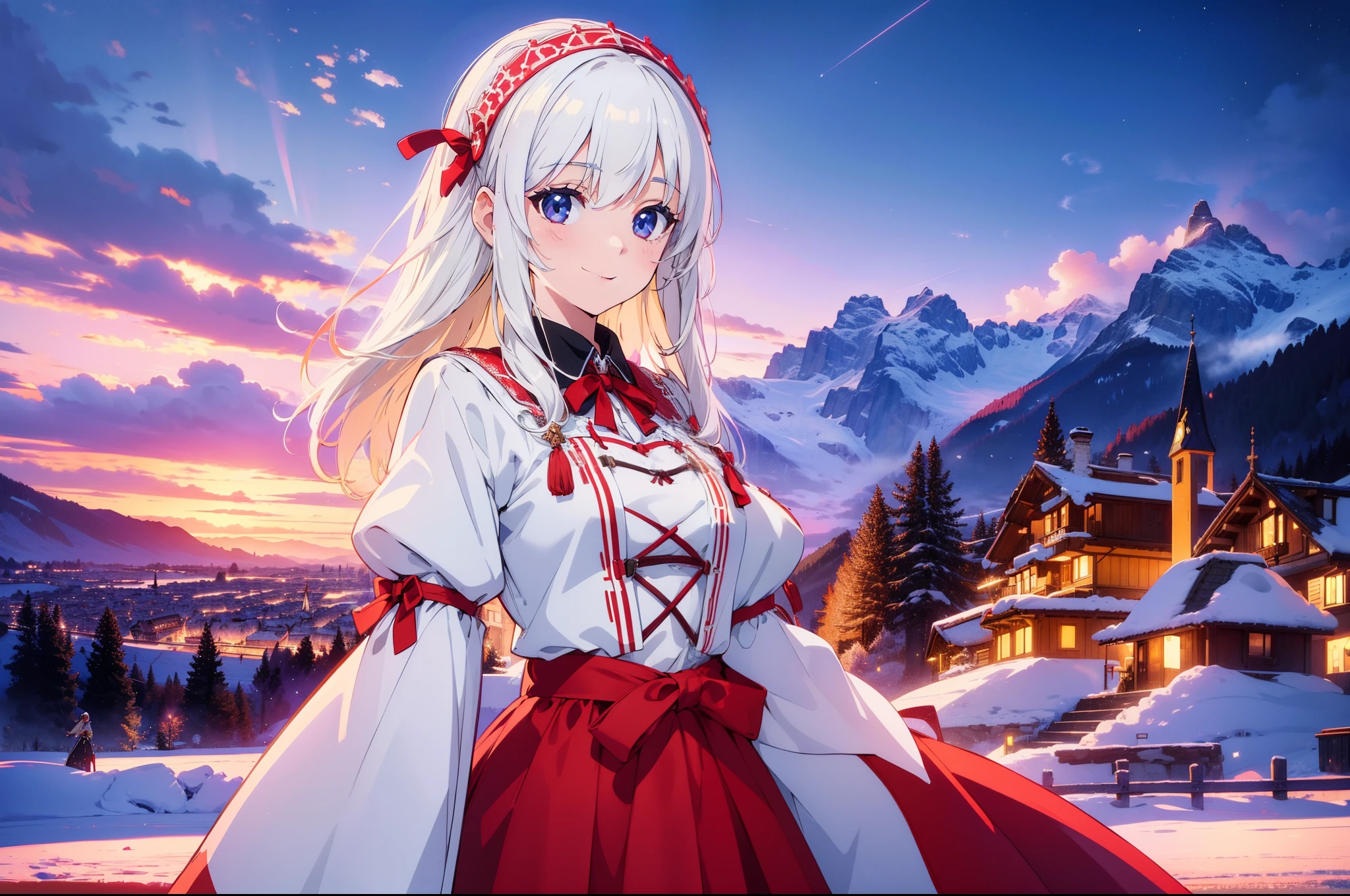 1 cute girl , (Swiss traditional costume),  standing, (Saint-Moritz in the distance ) ,cowboy shot, character focus, smile, cinematic lighting, night , high resolution,(incredibly absurdres) ,extremely detailed CG unity 8k wallpaper, ((masterpiece)), ((top-quality)), (beautiful illustration), ((an extremely delicate and beautiful))