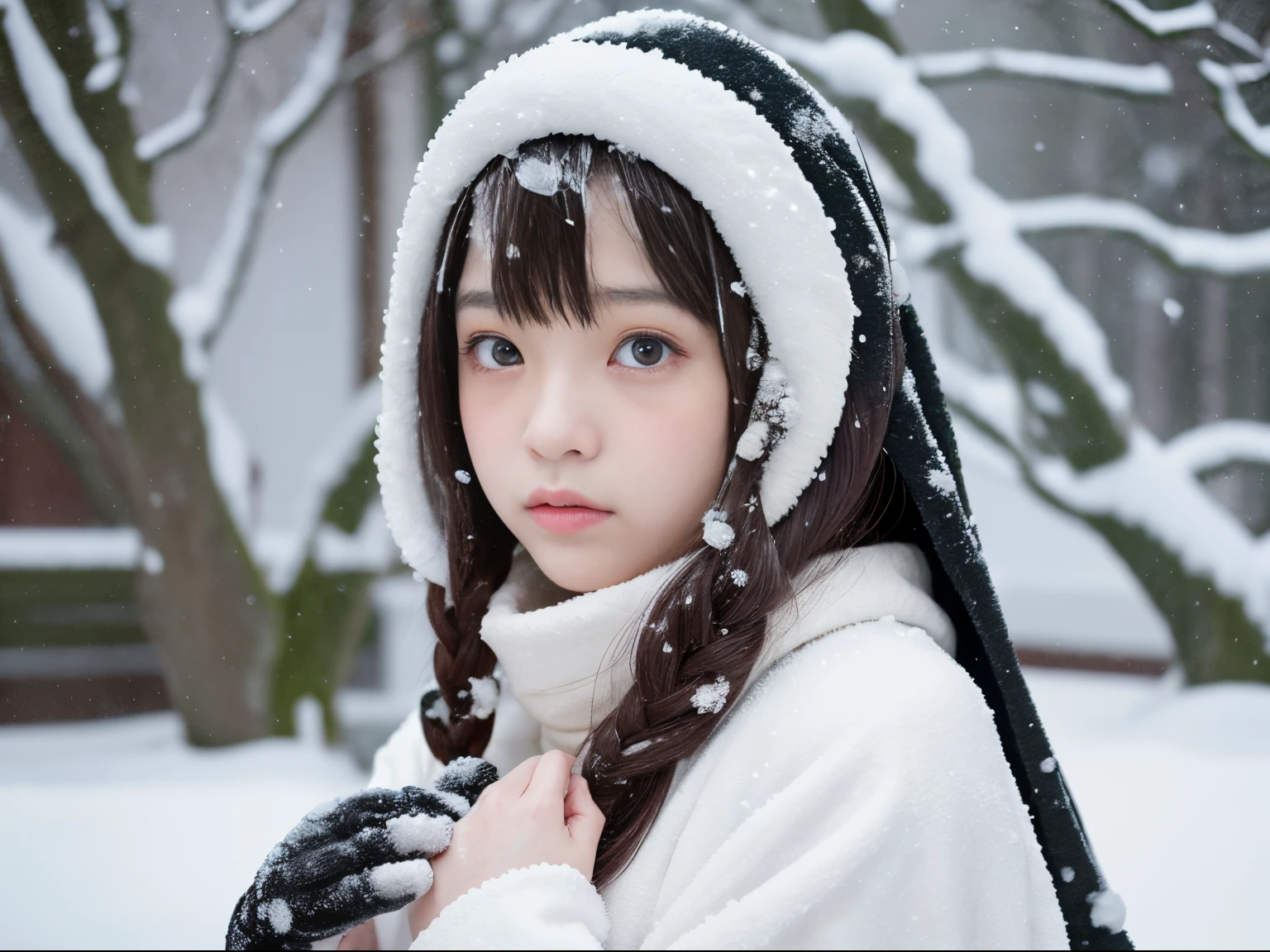 ((Works of masters))，(超A high resolution)，1 Japan girl,12year old，Black eye,My breath is white、sad Facial expression，eyes looking into the distance, Lolita costume，cloaks (Snow, Snow，Outdoor activities in winter:1.2),