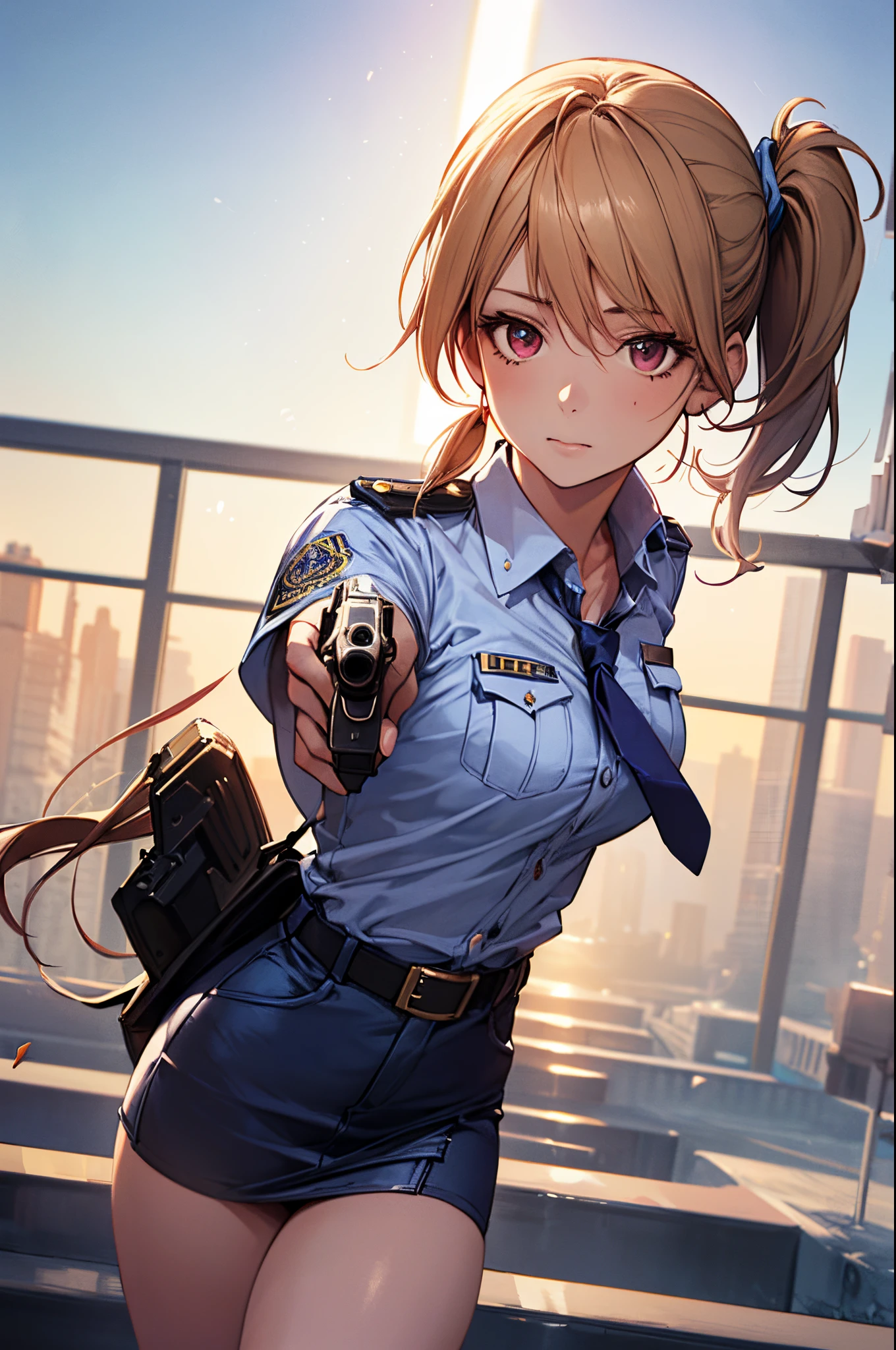 (((perfect anatomy, super detailed skin))), 1 girl, japanese, police girl, shiny skin, large breasts:0.5, looking away, looking up, watching the view, 
beautiful hair, beautiful face, beautiful detailed eyes, (long hair:1.5, side ponytail:1.7), blond hair, bangs, hair between eye, red eyes, 
beautiful clavicle, beautiful body, beautiful chest, beautiful thighs, beautiful legs, babyface, mole under eye, 
((policewoman uniform, light blue short sleeved shirt, navy necktie, high waisted miniskirt), belt, white gloves, police hat, handcuffs), seductive thighs, 
(((aiming at viewer, holding pistol, handgun))), , 
(beautiful scenery), wasteland, burning city, 
8k, top-quality, masterpiece​:1.2, extremely detailed), (realistic, photorealistic:1.2), beautiful illustration, cinematic lighting,