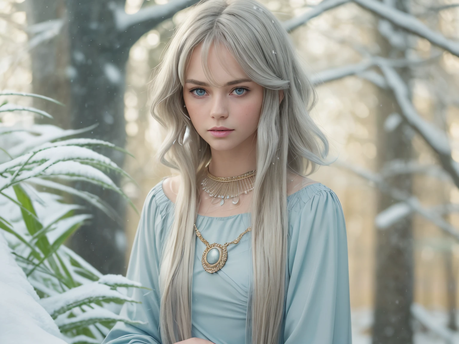 Masterpiece, watercolor: High resolution. Very detailed. realistic. ultra-realistic. Close up of female. Young woman about 20 years old. 1girl. Nordic. Delicate facial features. detailed face. Peaceful face. Slightly looking dawn. ((Pretty Big blue eyes)). Big eyes. Very light white skin. ((Pretty long light grey hair)). Straight hair. layered hair (hair parcial cute at shoulders). (Cut hair at back). Bangs. Long Light blue dress. Full dress. Dress with some jewels. Golden wide neckless on dress. (horsehair in first plain). Winter trees background. Snow storm background. Cinematic light.