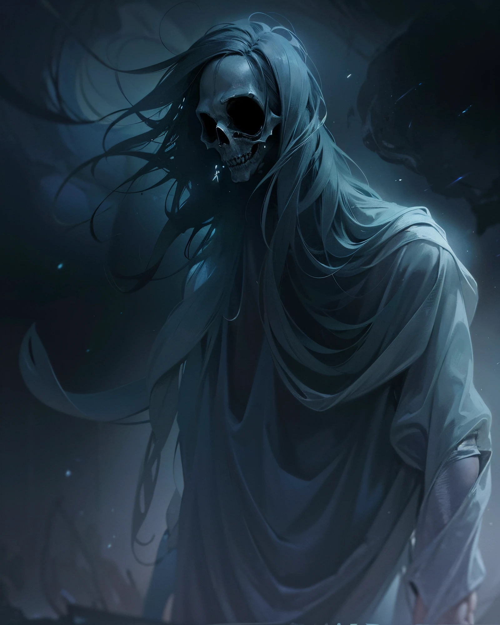 (((creature with a spectral and ghostly appearance)). Her skin is pale, almost translucent. His eyes shine with a bluish glow, he wears dark, torn clothes that float around him, as if permeated by an aura of mourning. Its appearance is complemented by details such as chains, symbols of mourning and gothic elements, further emphasizing its dark air. is portrayed as a haunted and tormented entity,{creature}