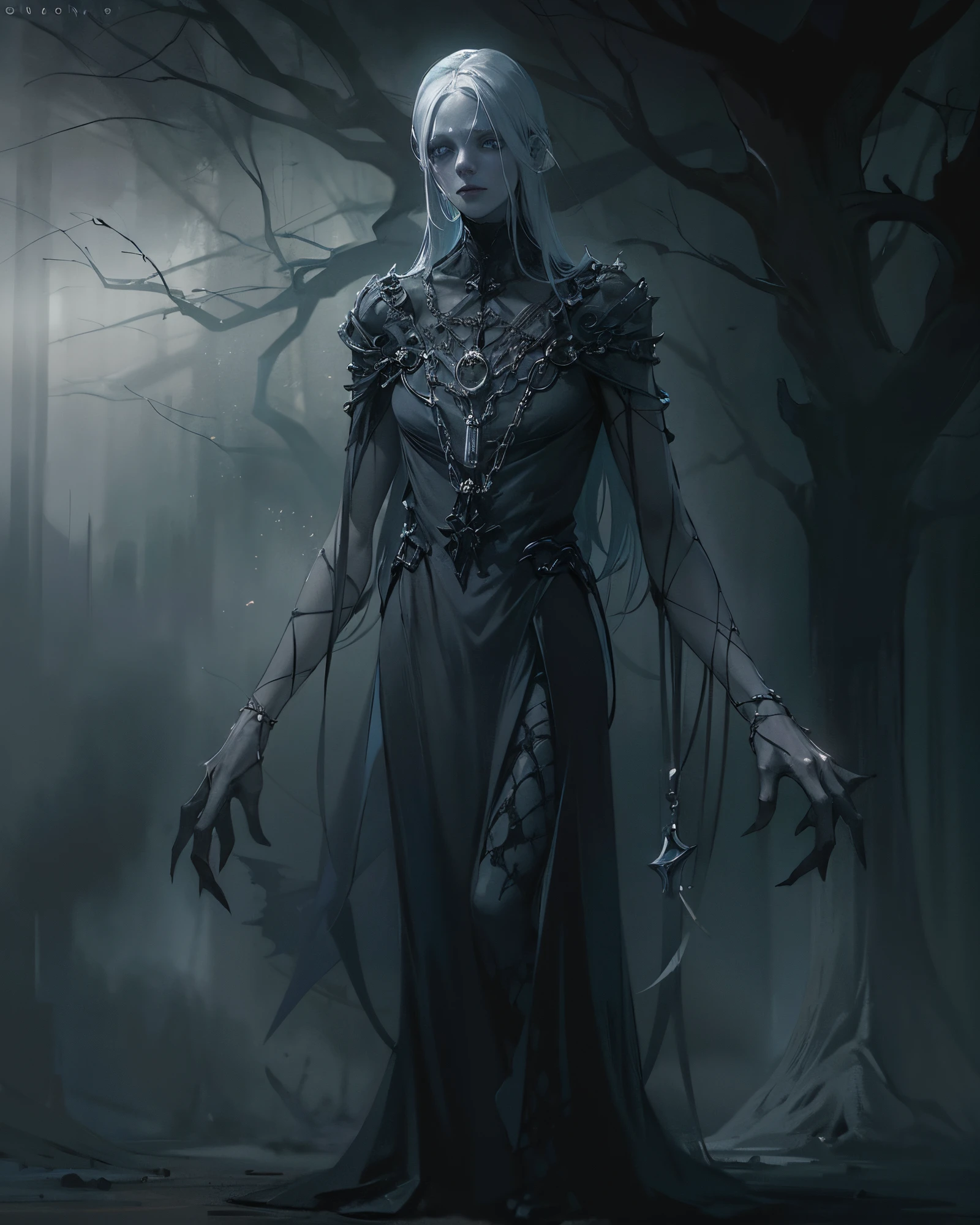 Generate an image of a creature with a spectral and ghostly appearance. Her skin is pale, almost translucent. His eyes shine with a bluish glow, and he wears dark, torn clothes that float around him, as if permeated by an aura of mourning. Its appearance is complemented by details such as chains, symbols of mourning, and gothic elements, further emphasizing its dark air. It is portrayed as a haunted and tormented entity.full body