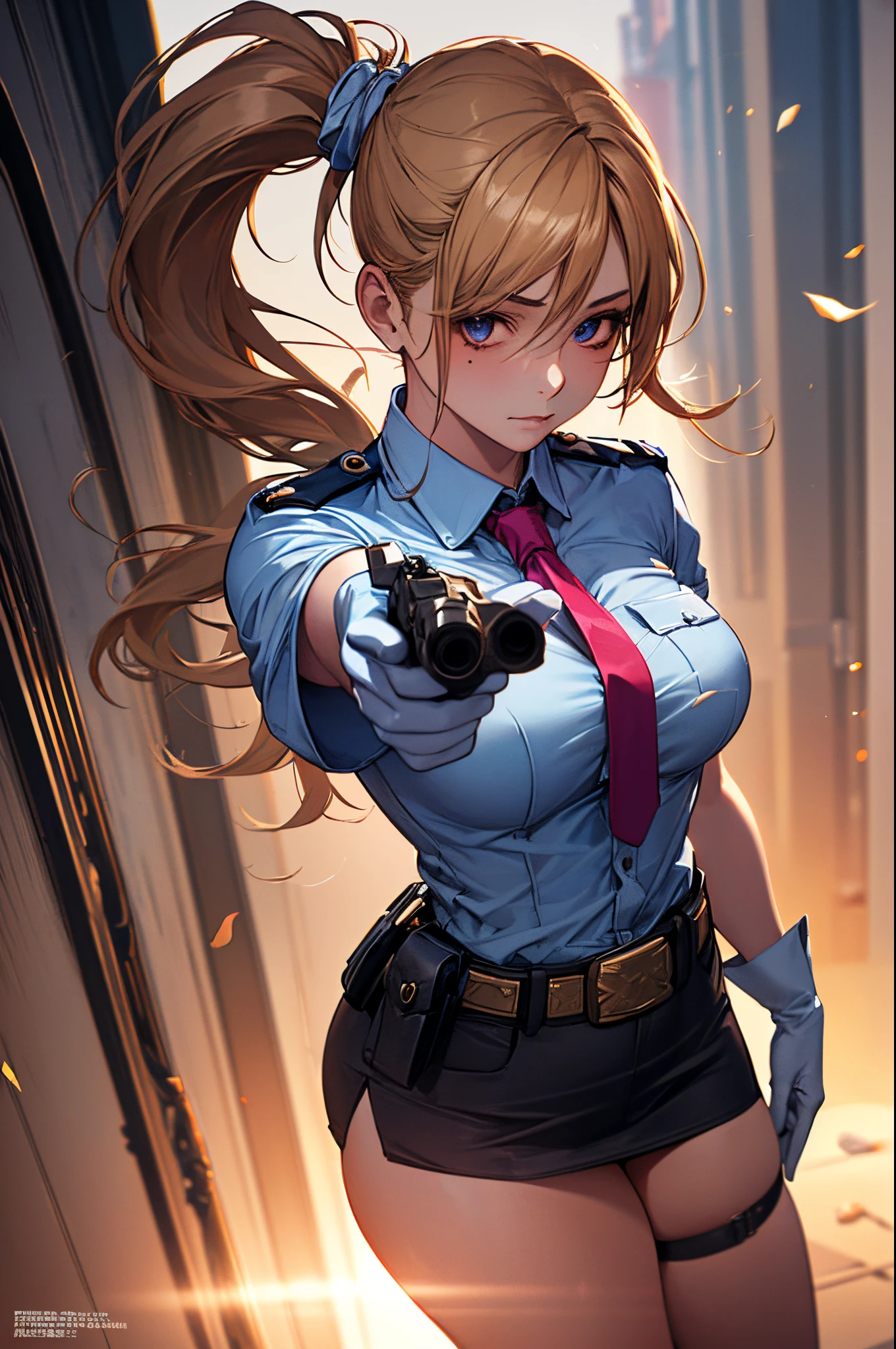 (((perfect anatomy, super detailed skin))), 1 girl, japanese, police girl, shiny skin, large breasts:0.5, looking away, looking up, watching the view, 
beautiful hair, beautiful face, beautiful detailed eyes, (long hair:1.5, side ponytail:1.7), blond hair, bangs, hair between eye, red eyes, 
beautiful clavicle, beautiful body, beautiful chest, beautiful thighs, beautiful legs, babyface, mole under eye, 
((policewoman uniform, light blue short sleeved shirt, navy necktie, high waisted miniskirt), belt, white gloves, police hat, handcuffs), seductive thighs, 
(((aiming at viewer, holding pistol, handgun))), , 
(beautiful scenery), wasteland, burning city, 
8k, top-quality, masterpiece​:1.2, extremely detailed), (realistic, photorealistic:1.2), beautiful illustration, cinematic lighting,