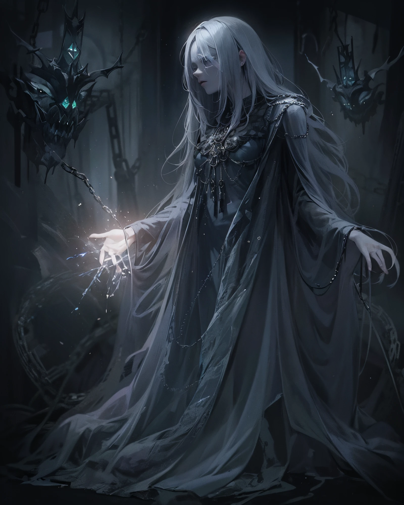 Generate an image of a creature with a spectral and ghostly appearance. Her skin is pale, almost translucent. His eyes shine with a bluish glow, and he wears dark, torn clothes that float around him, as if permeated by an aura of mourning. Its appearance is complemented by details such as chains, symbols of mourning, and gothic elements, further emphasizing its dark air. It is portrayed as a haunted and tormented entity.full body