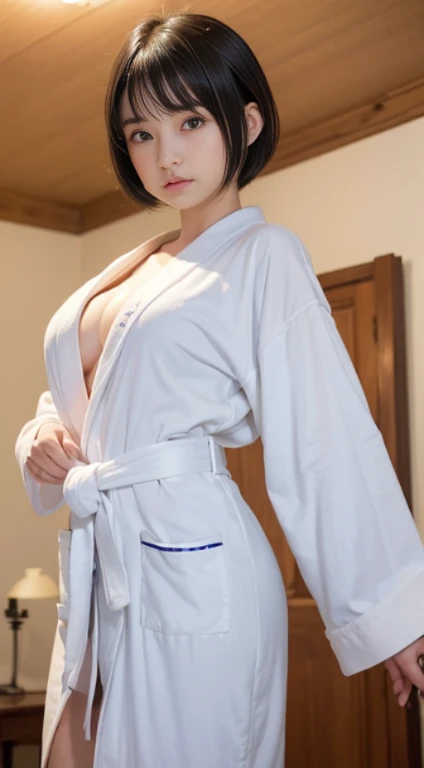(masutepiece, Best Quality:1.4), Beautiful face, 8K, 85 mm, absurderes, ((Dark bedroom in the hotel))、(Wearing a thick white bathrobe:1.4), ((cowboy shot:1.5))、((Shot from below:1.4))、violaceaess, gardeniass, Delicate girl, Solo,(((extremely short hairstyle:1.5)))、Night, Looking at Viewer, Upper body, Film grain, chromatic abberation, Sharp Focus, face lights, Professional Lighting, Sophisticated, (he looked at me with a confused expression:1.4), (Simple background, Bokeh background:1.2), Detail Face、