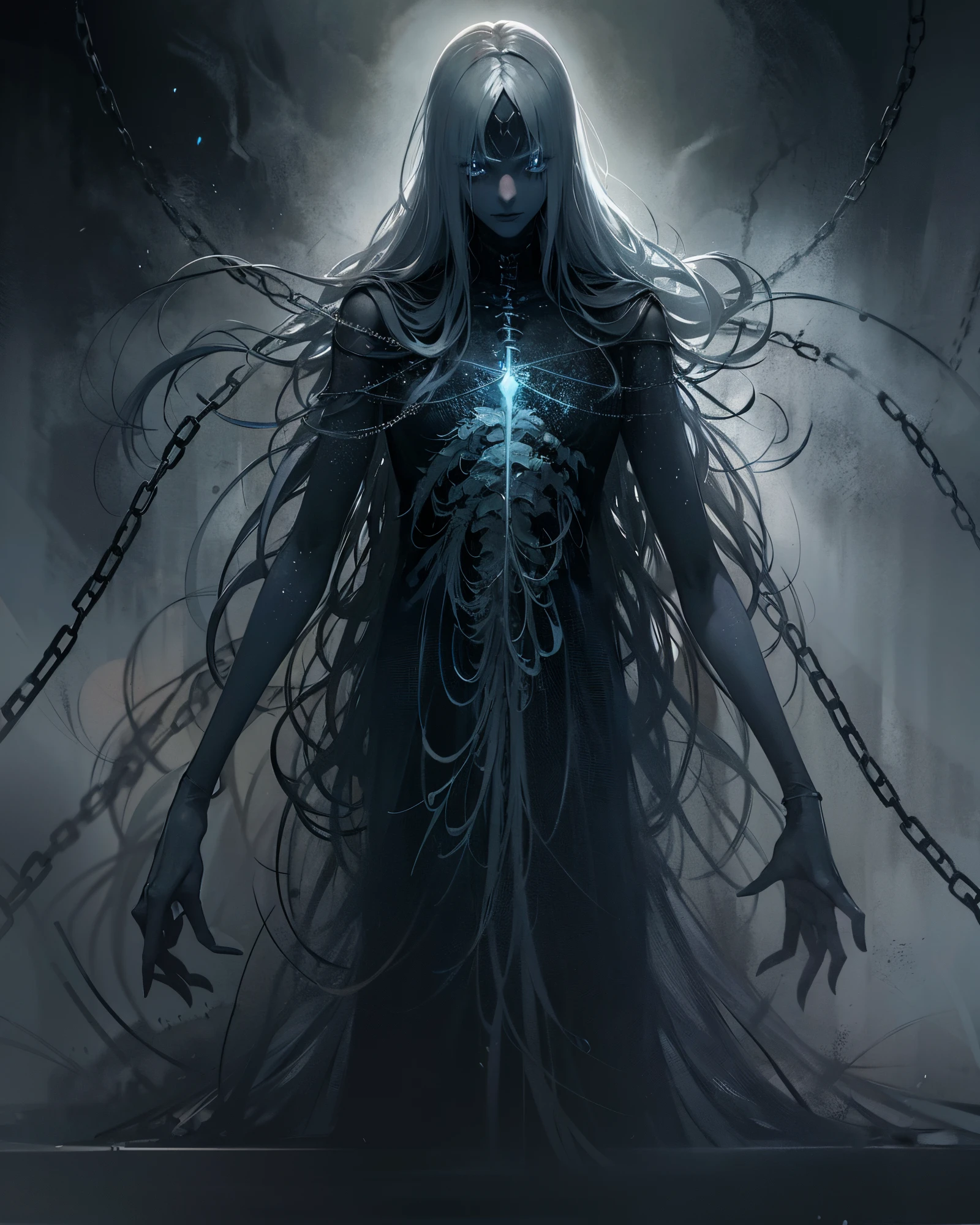 Generate an image of a creature with a spectral and ghostly appearance. Her skin is pale, almost translucent. His eyes shine with a bluish glow, and he wears dark, torn clothes that float around him, as if permeated by an aura of mourning. Its appearance is complemented by details such as chains, symbols of mourning, and gothic elements, further emphasizing its dark air. It is portrayed as a haunted and tormented entity.full body