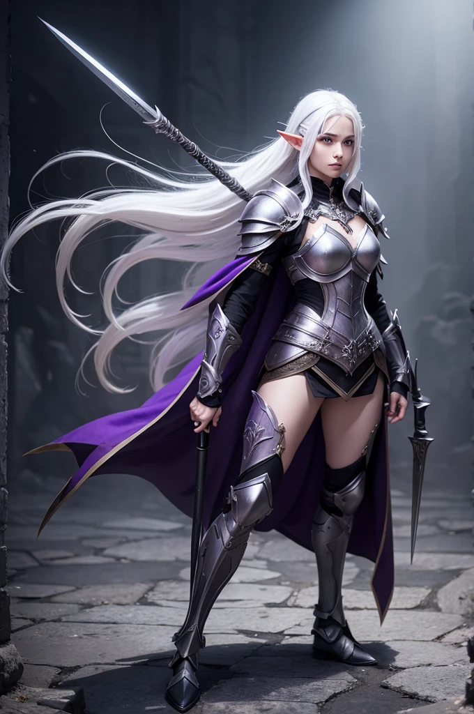 An Elf with white hair, purple eyes, wearing black full armor, full body pose, holding a spear in both hands