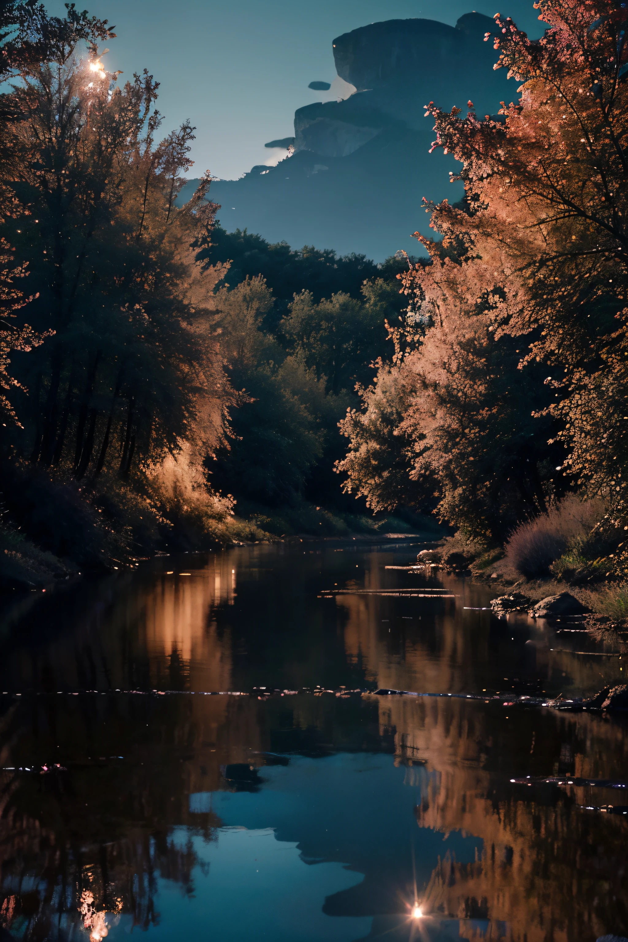 image sombre d'a river of night with the reflections of the moon, une rivière rose violet, calme d'eau cristalline, entourer de fleur orange et de rochets au reflets vert