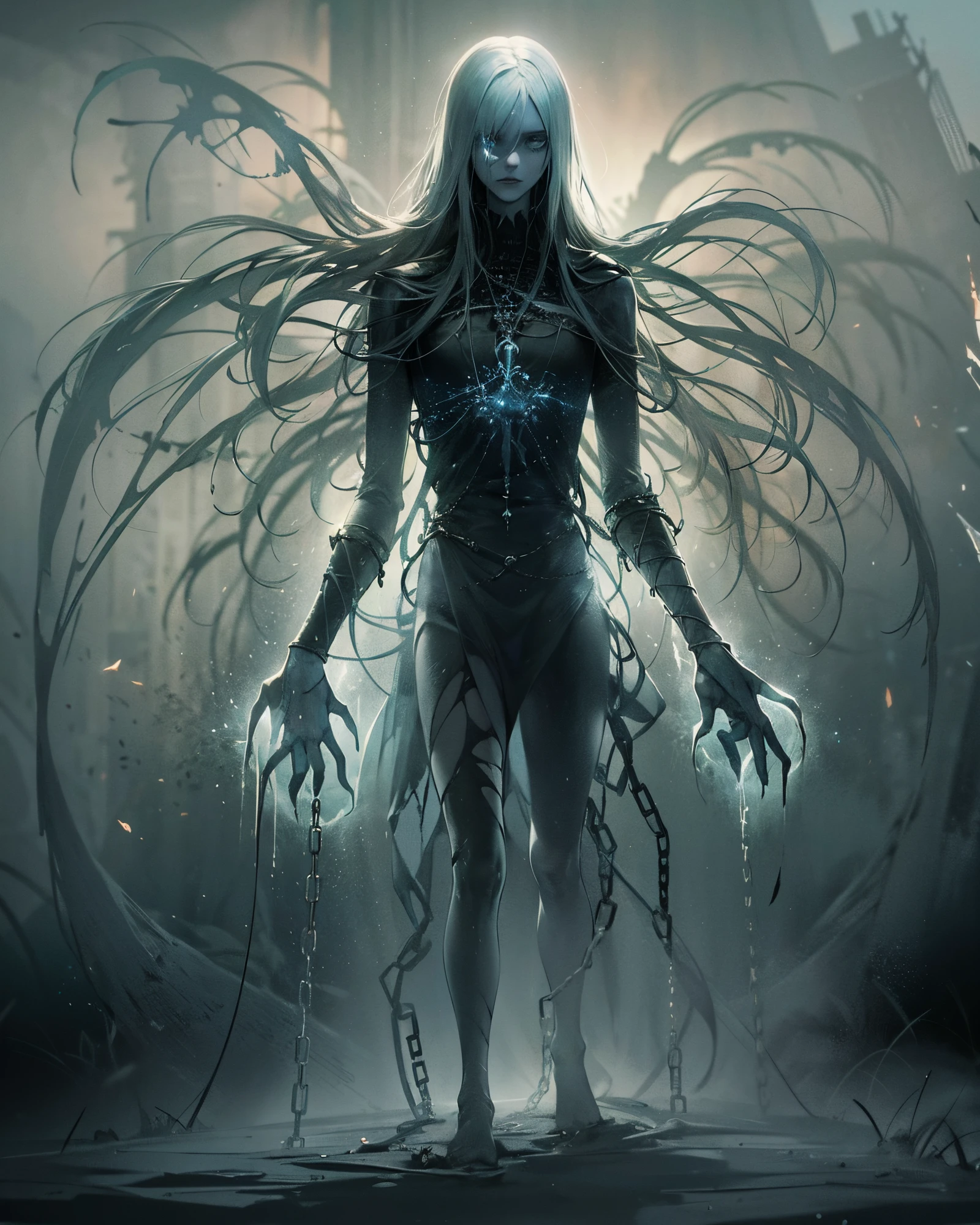 Generate an image of a creature with a spectral and ghostly appearance. Her skin is pale, almost translucent. His eyes shine with a bluish glow, and he wears dark, torn clothes that float around him, as if permeated by an aura of mourning. Its appearance is complemented by details such as chains, symbols of mourning, and gothic elements, further emphasizing its dark air. It is portrayed as a haunted and tormented entity.full body