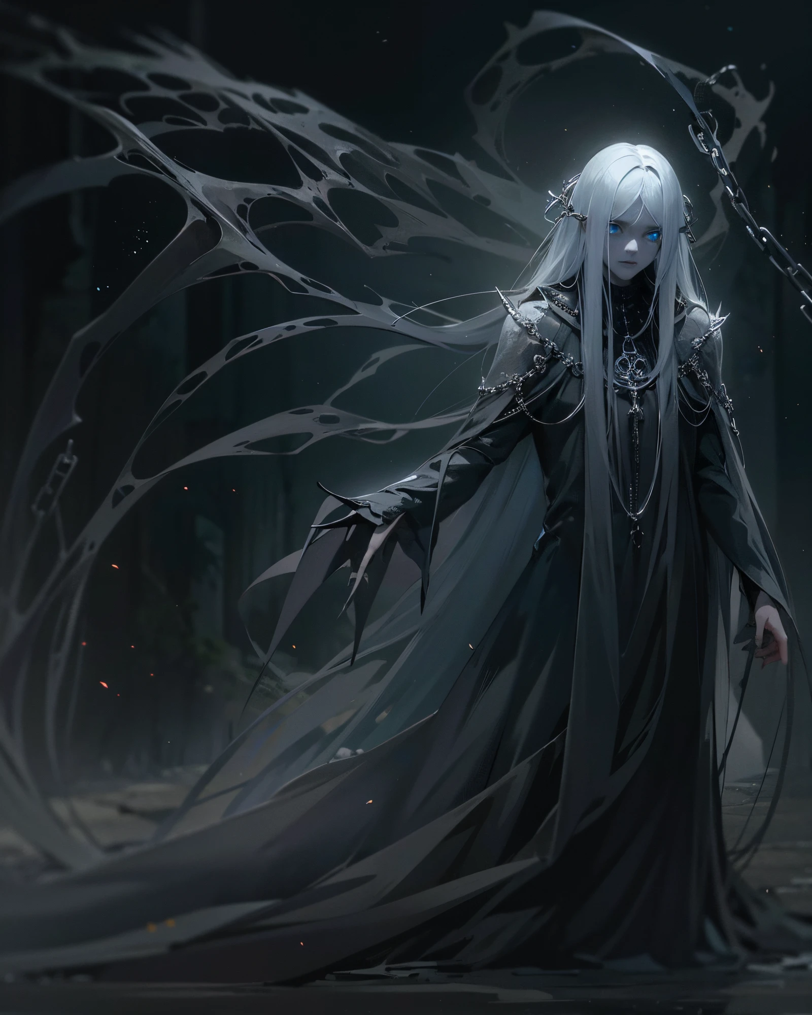 Generate an image of a creature with a spectral and ghostly appearance. Her skin is pale, almost translucent. His eyes shine with a bluish glow, and he wears dark, torn clothes that float around him, as if permeated by an aura of mourning. Its appearance is complemented by details such as chains, symbols of mourning, and gothic elements, further emphasizing its dark air. It is portrayed as a haunted and tormented entity.full body