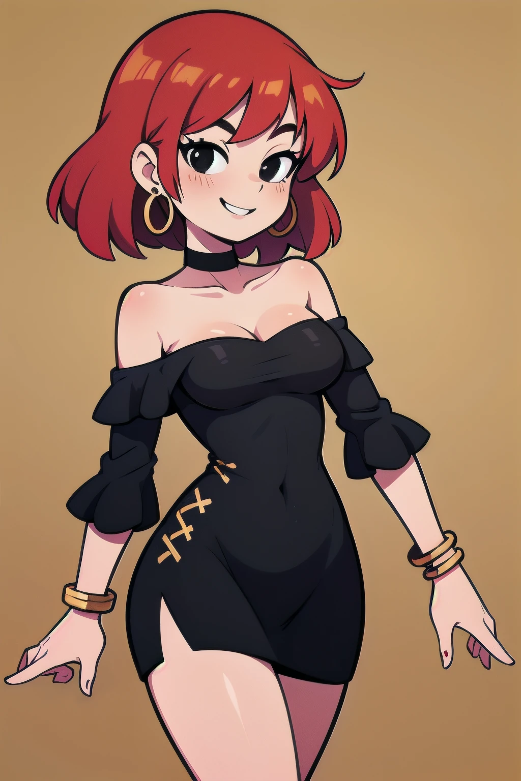 FrankieFoster, FostersStyle, 1 girl, teenage, short red hair, medium hair, bob hair, black eyes, smile, black strapless dress, Ruffle Off-the-Shoulder Top, short black dress, skin-tight bodycon dress, choker, gold hoop earrings, gold bracelet, colorful purple background.