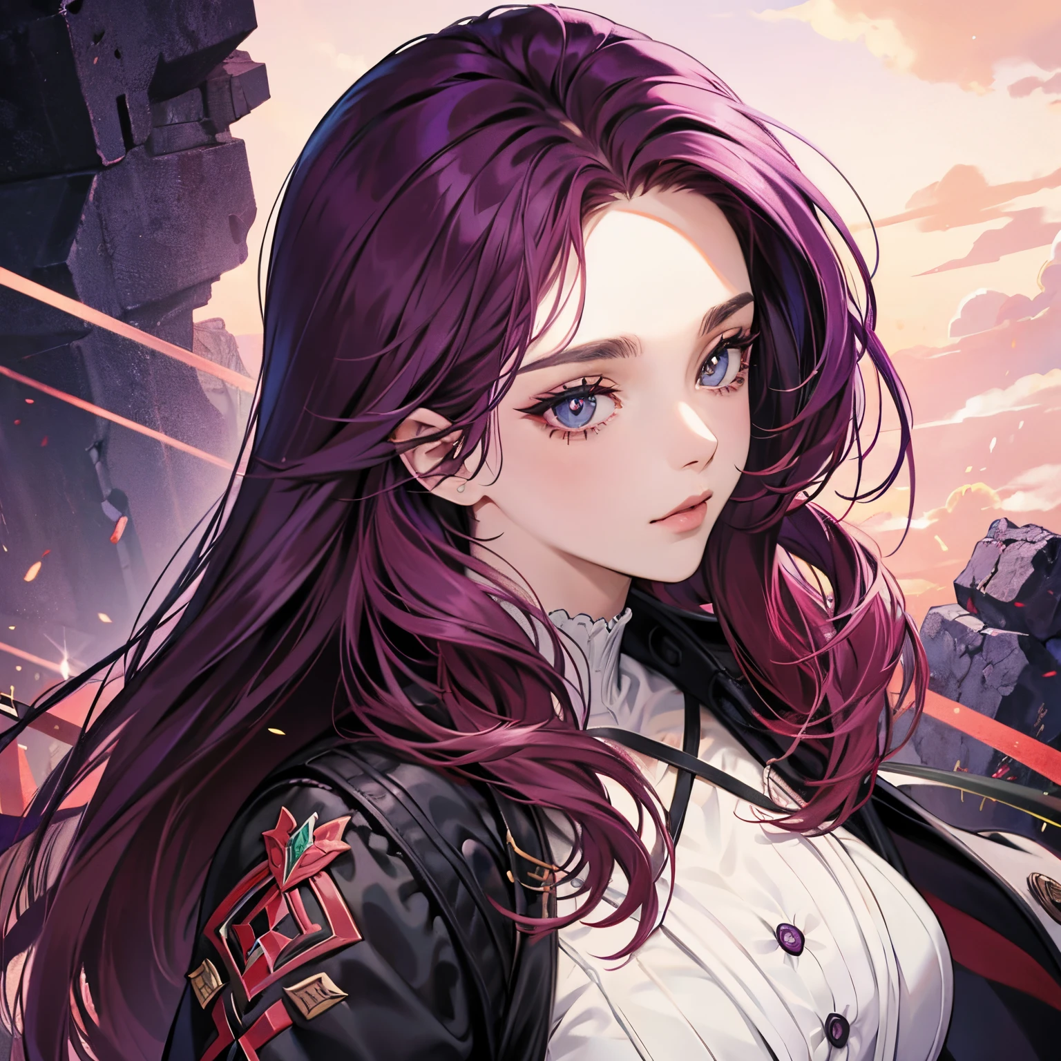Cabelo vermelho e roxo, olhos azuis, mulher.