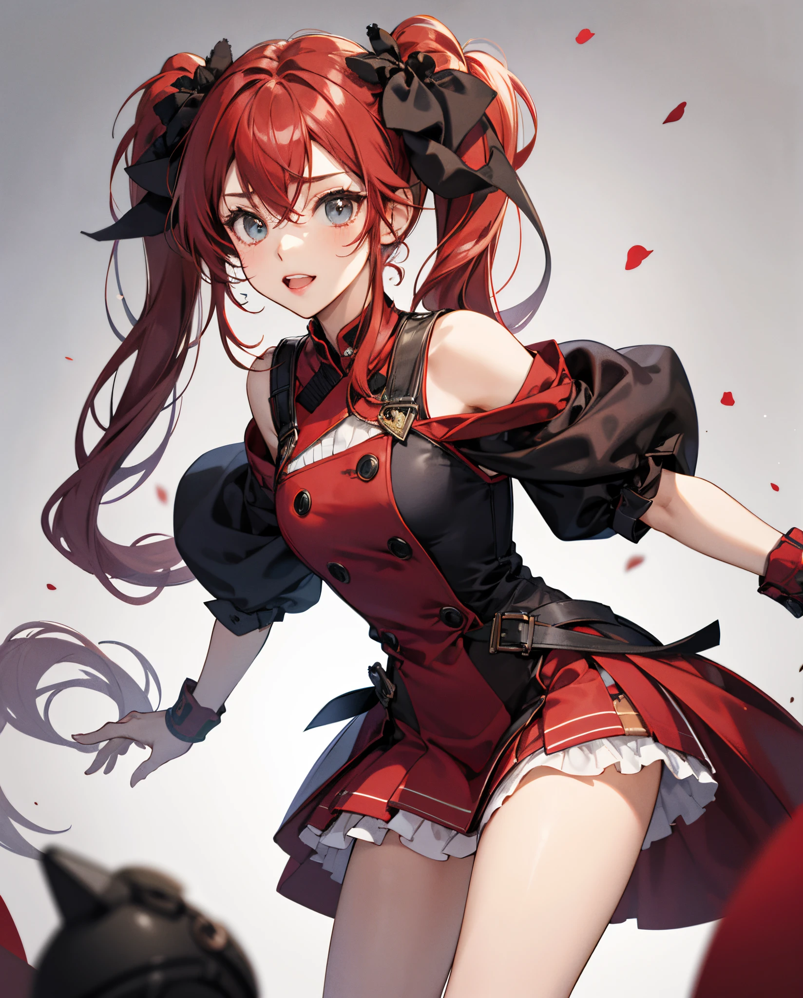 (best image quality, best girl), (one girl), (girl in a ponytail wearing a red ribbon hair ornament)), red ribbon shaped hair ornament, (hair color dark brown), matching bangs, ahoge, vermilion around the eyes, ((black eyes)), ((drooping eyes)), parted lips, expressionless, confident, satisfaction, intimacy, (((big breasts)), full body, holding a sword,