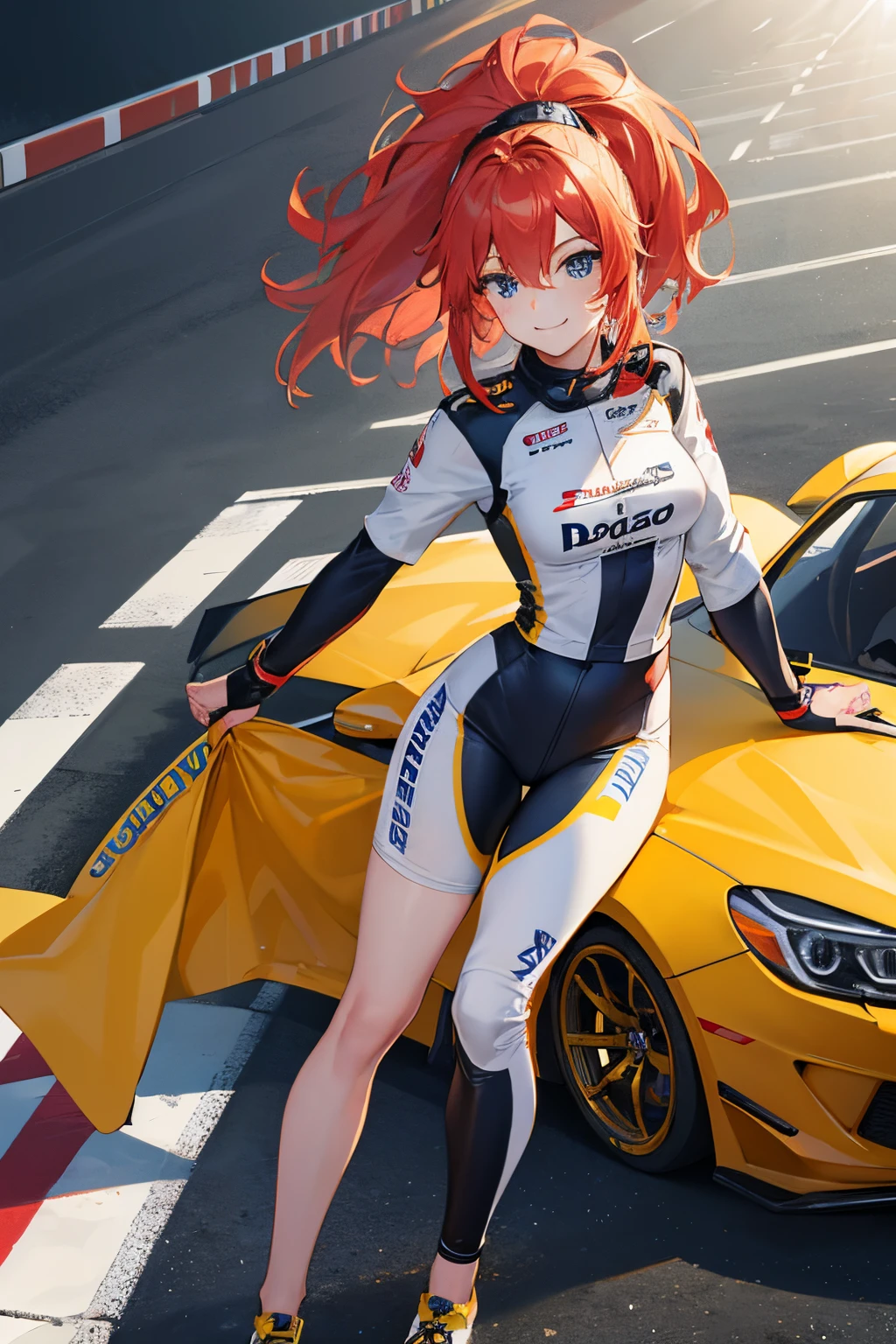 (best quality,highres),Tess Darret,Pole Position,holding a race helmet in hands,standing inside of her race car,smiling,anime style,bright colors,dynamic lighting,shiny finish,energetic pose,attention to detail,sparkling eyes,long flowing hair,wearing a racing suit,checkered flag pattern on the car,exciting atmosphere,vivid expressions