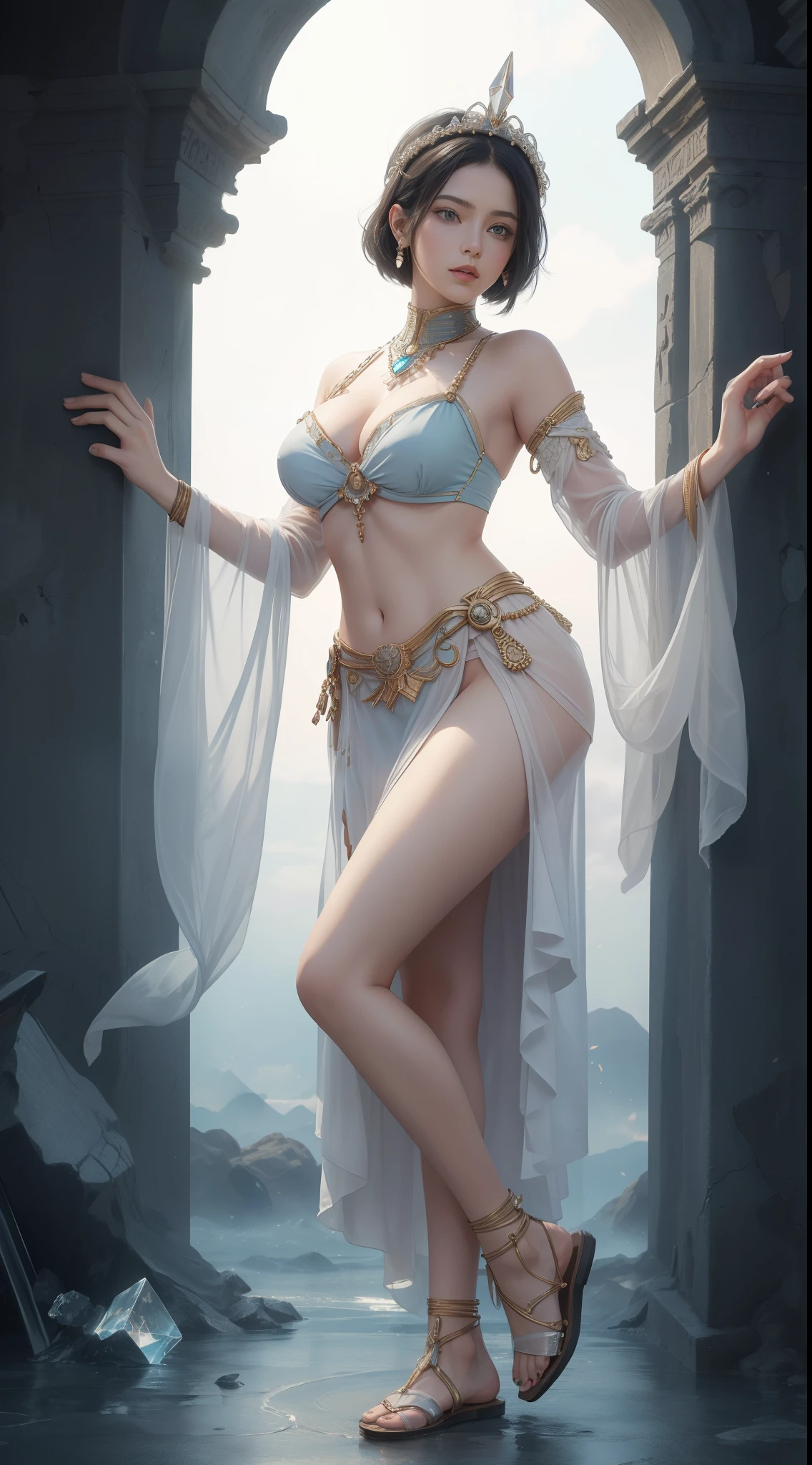 tmasterpiece,Highest image quality,Beautiful full body portrait of noble ancient egyptian girl,Delicate black hairstyle,Short hair tied up,clear sea blue eyes,Ancient Egyptian white clothes were simple and elegant,(sandals,nail art)Ancient Egyptian civilization,pyramid,A desert,ultra - detailed,advanced。At the Pixiv Art Station,Break your own power,Luigi,Big breasts exposing cleavage,R-18G