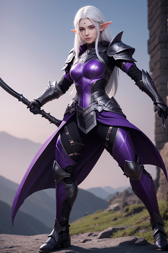 An Elf with white hair, purple eyes, wearing black full armor, full body pose, holding a spear in both hands