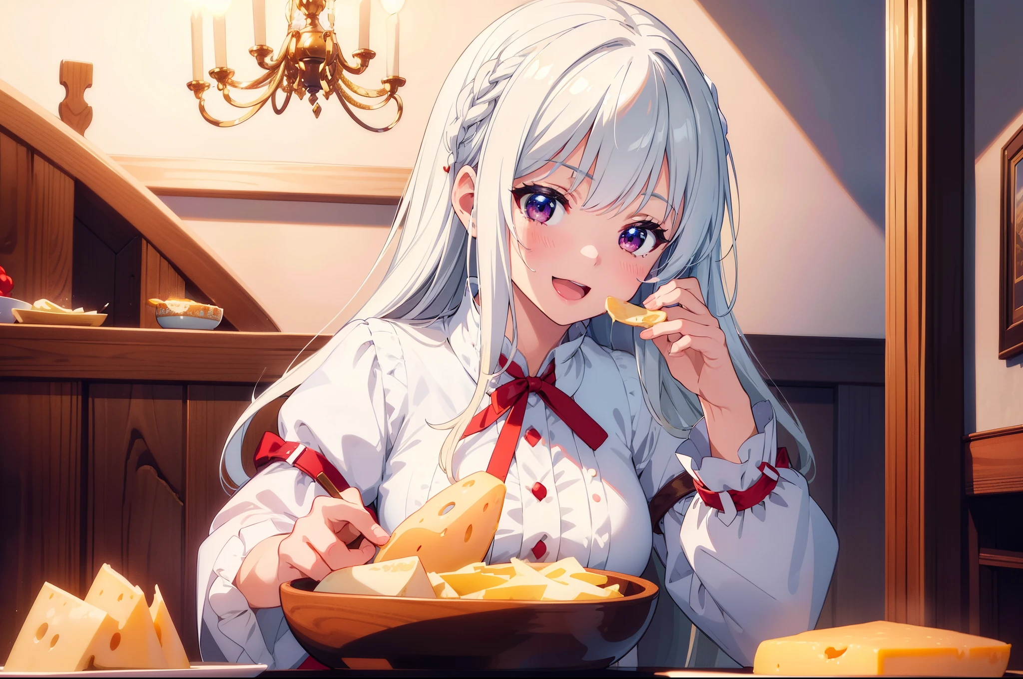 1 cute girl , (Swiss traditional costume),  (eating cheese fondue ) , upper body , character focus, smile, cinematic lighting,open mouth , high resolution,(incredibly absurdres) ,extremely detailed CG unity 8k wallpaper, ((masterpiece)), ((top-quality)), (beautiful illustration), ((an extremely delicate and beautiful))