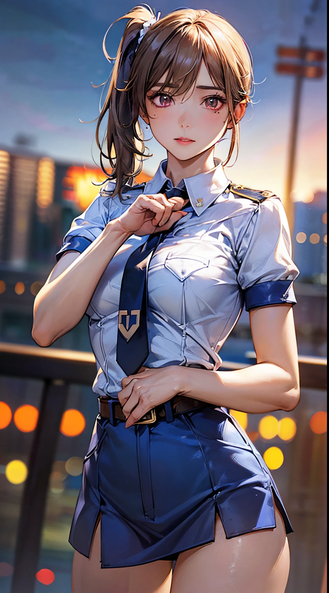 (((perfect anatomy, super detailed skin))), 1 girl, japanese, police girl, shiny skin, large breasts:0.5, looking away, looking up, watching the view, 
beautiful hair, beautiful face, beautiful detailed eyes, (long hair:1.5, side ponytail:1.7), blond hair, bangs, hair between eye, red eyes, 
beautiful clavicle, beautiful body, beautiful chest, beautiful thighs, beautiful legs, babyface, mole under eye, 
((policewoman uniform, light blue short sleeved shirt, navy necktie, high waisted miniskirt), belt, white gloves, police hat, handcuffs), seductive thighs, 
(((aiming at viewer, holding pistol, handgun))), , 
(beautiful scenery), wasteland, burning city, 
8k, top-quality, masterpiece​:1.2, extremely detailed), (realistic, photorealistic:1.2), beautiful illustration, cinematic lighting,