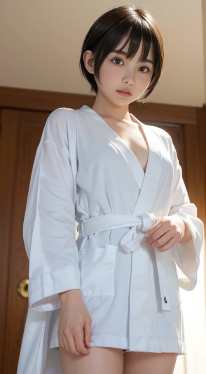 (masutepiece, Best Quality:1.4), Beautiful face, 8K, 85 mm, absurderes, ((Dark bedroom in the hotel))、(Wearing a thick white bathrobe:1.4), ((cowboy  shot:1.5))、((Shot from below:1.4))、violaceaess, gardeniass, Delicate girl, Solo,(((extremely short hairstyle:1.5)))、Night, Looking at Viewer, Upper body, Film grain, chromatic abberation, Sharp Focus, face lights, Professional Lighting, Sophisticated, (he looked at me with a frightened expression:1.4), (Simple background, Bokeh background:1.2), Detail Face、((Afraid、terrified expression:1.4))、((Sitting on the couch:1.4))、