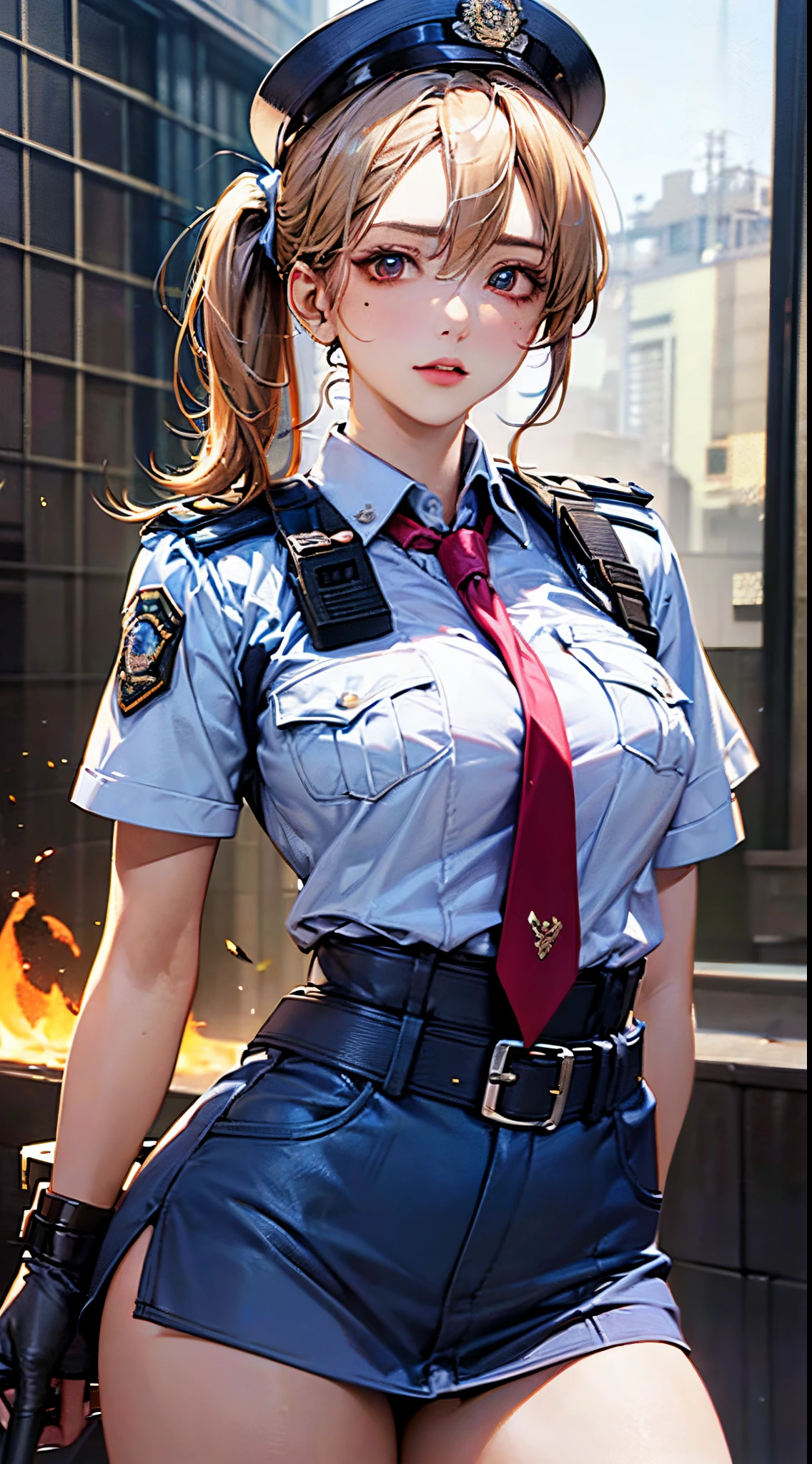 (((perfect anatomy, super detailed skin))), 1 girl, japanese, police girl, shiny skin, large breasts:0.5, looking away, looking up, watching the view, 
beautiful hair, beautiful face, beautiful detailed eyes, (long hair:1.5, side ponytail:1.7), blond hair, bangs, hair between eye, red eyes, 
beautiful clavicle, beautiful body, beautiful chest, beautiful thighs, beautiful legs, ****face, mole under eye, 
((policewoman uniform, light blue short sleeved shirt, navy necktie, high waisted miniskirt), belt, white gloves, police hat, handcuffs), seductive thighs, 
(((aiming at viewer, holding pistol, handgun))), , 
(beautiful scenery), wasteland, burning city, 
8k, top-quality, masterpiece​:1.2, extremely detailed), (realistic, photorealistic:1.2), beautiful illustration, cinematic lighting,