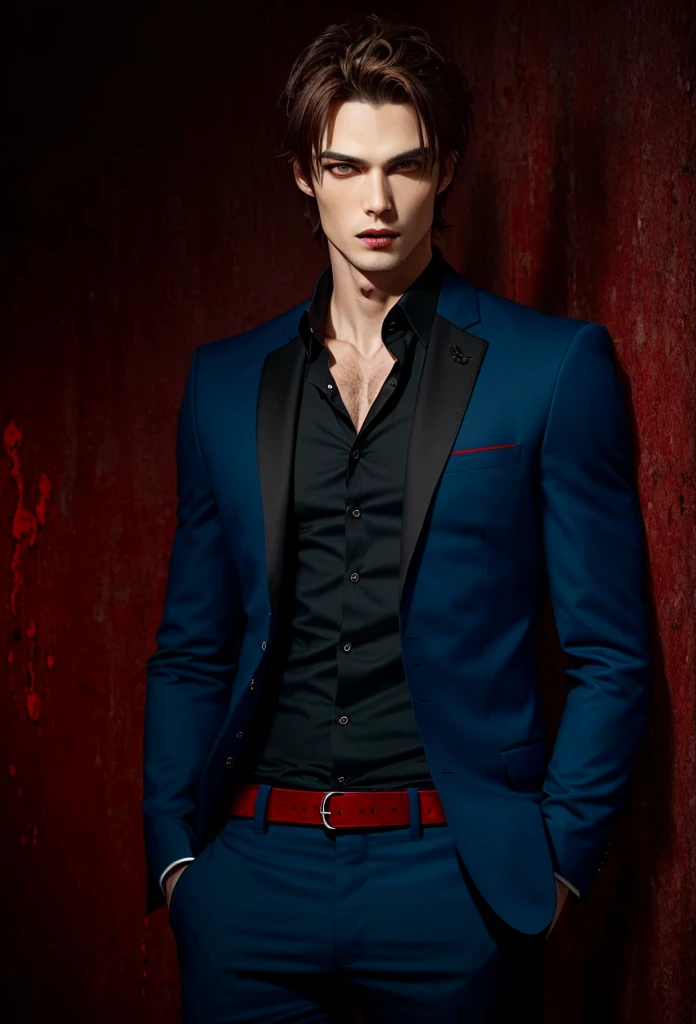 Hot vampire, tall, brown hair, blue eyes, black suit with blood red shirt.
