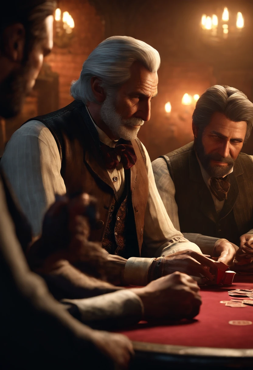 A photo of Hosea enjoying a game of poker with a group of friends in a dimly lit speakeasy.,Red Dead Redemption II, Hosea is a lean, elderly man with neat, silver hair cut short and a clean-shaven face.