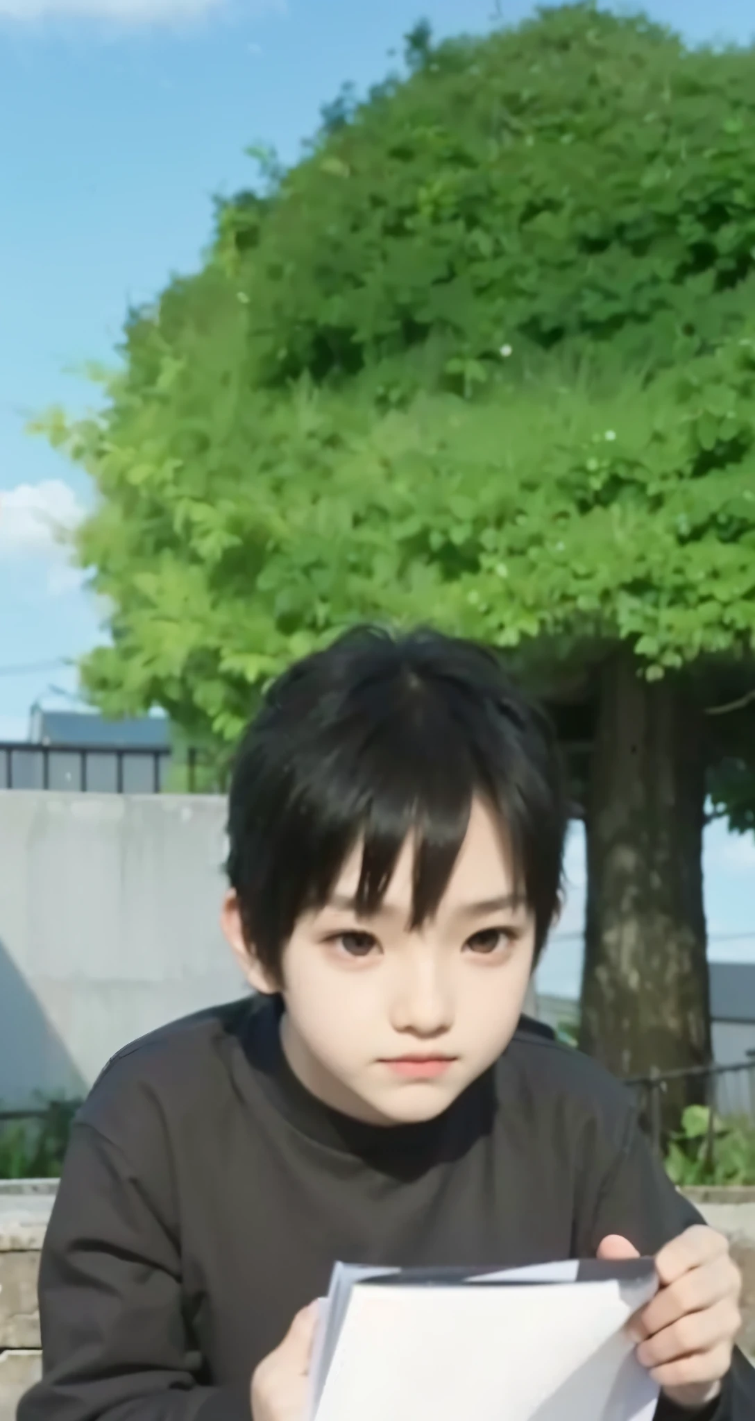 Real life adaption of this character , The handsome face of a , realistic same hair , (realistic same outfit), realistic background , realistic light, realistic shadow, realism, hyper realistic,(photorealistic:1.2), normal small eyes, holding much paper