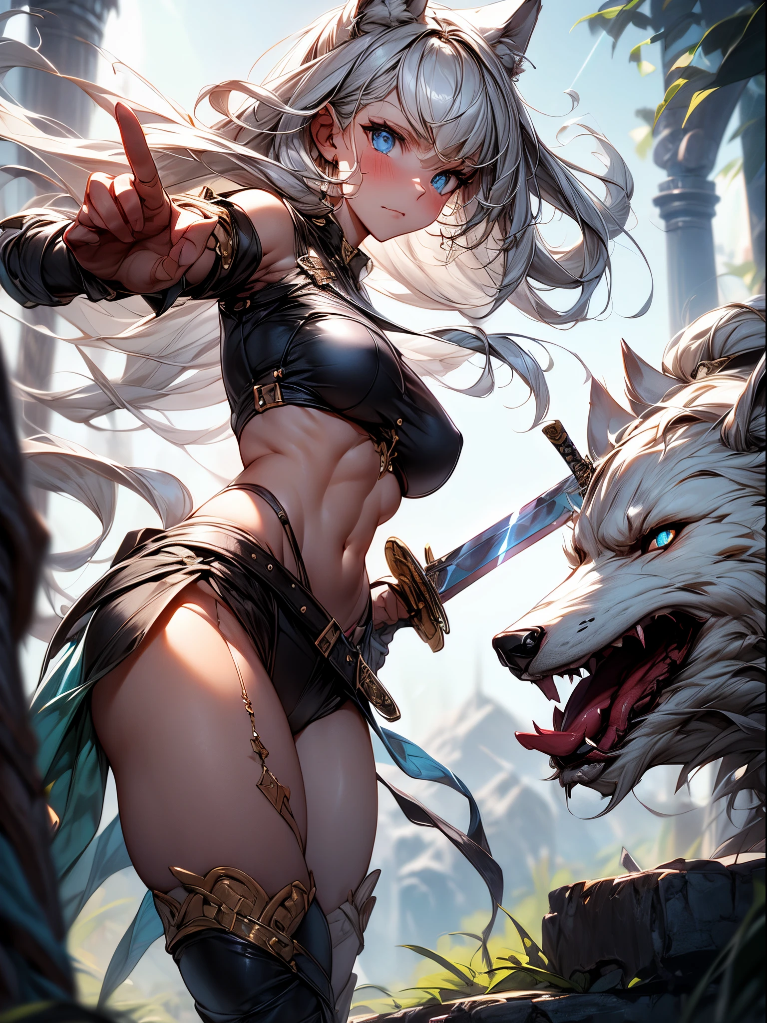 Absurdres ,1 girl,Serious,upward glance,Silver hair,Wolf ears,Blue eyes,large breast,abs,BREAK,Bikini Armor,(waist leather belt, sword sheath ),(holding sword:1.3),BREAK,(fighting pose :1.3), wilderness ,fantasy,Dynamic Pose,Dynamic Angle,dynamic lighting,BREAK,best quality,insanely detailed,Hyper realistic, Perfect Anatomy,perfect 5 fingers,amazing,super fine illustration