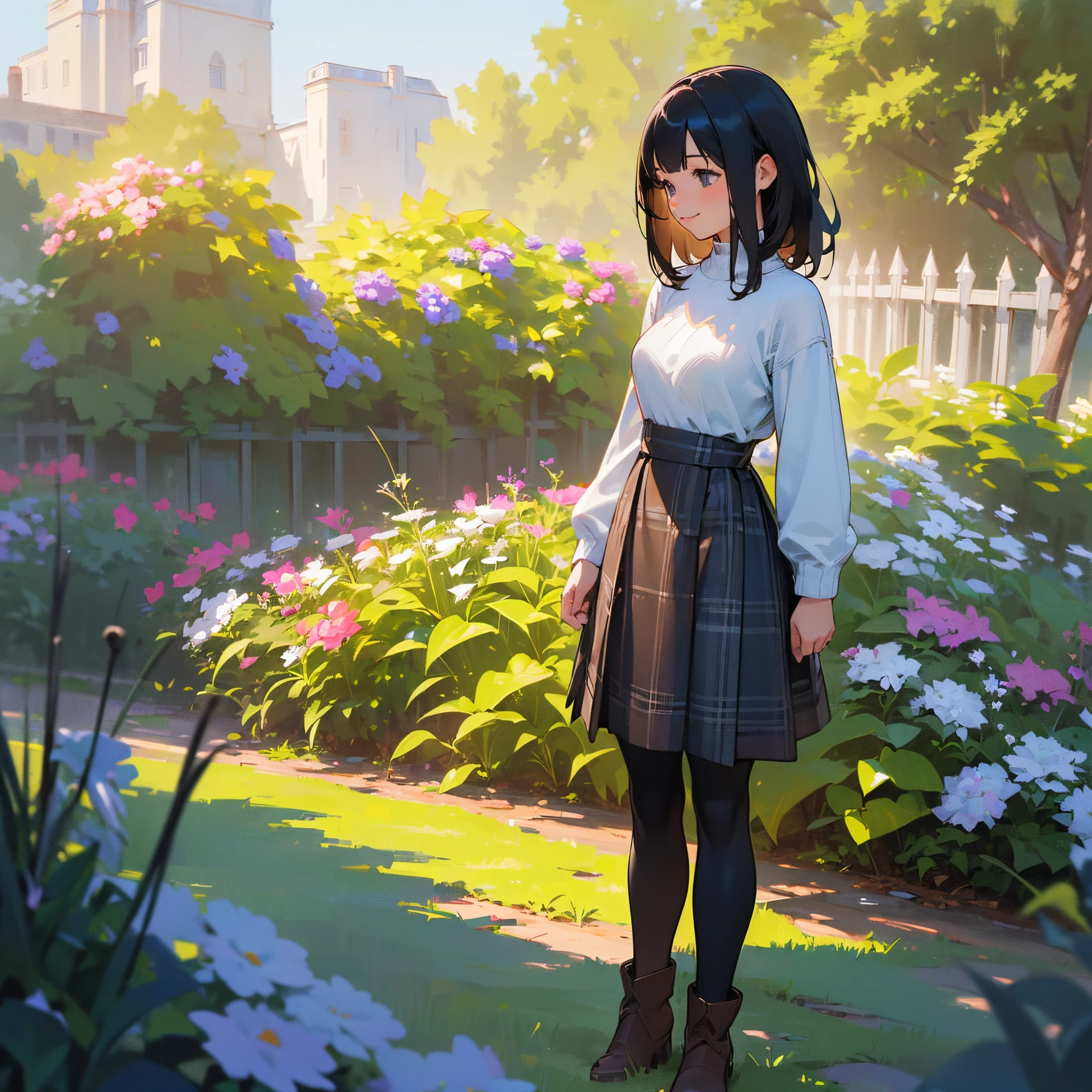 (High quality, High resolution, Ultra-detailed, Realistic:1.37), peaceful ambiance, (plein air, garden), Teenage girl standing alone, (My breasts are big.), Beautiful detailed features, Cute smile, (Black bob hair), Rib Sweater, blue plaid skirt, Black tights, Brown boots.