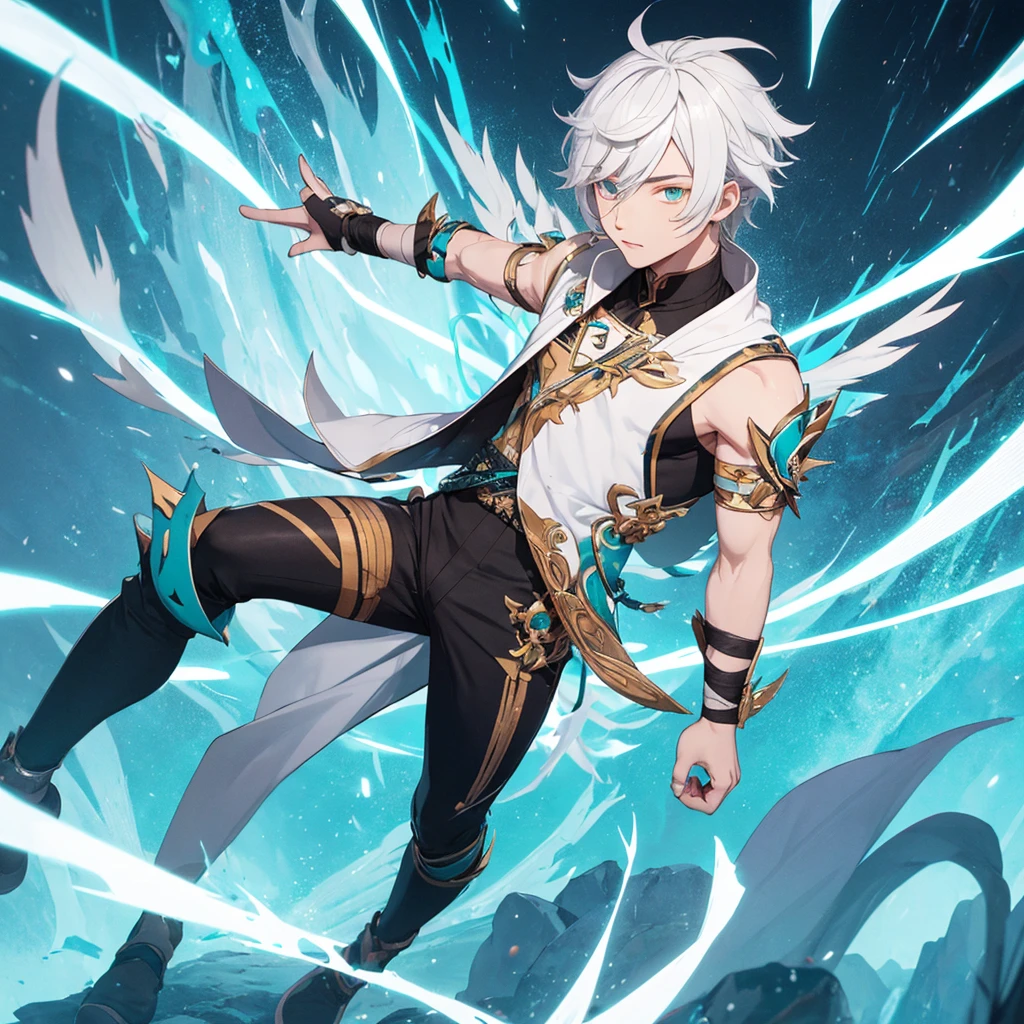 Genshin Impact character, young boy model. He has white hair with a stormy undertone. He used to be an archon of anemo, so he wears archon-styled clothing with loose bandages. His legs are blackened with teal glowing lines, much like Rex Lapis’ arms. Full body